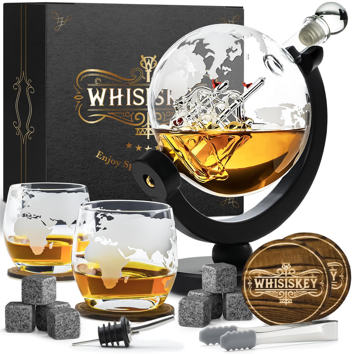 Whisiskey - Whiskey Decanter Set - 900ML Globe Carafe - Whiskey Gift Sets for Men - Whisky Set - Glass Gifts for Men - Inc. 2 Whiskey Glasses, 8