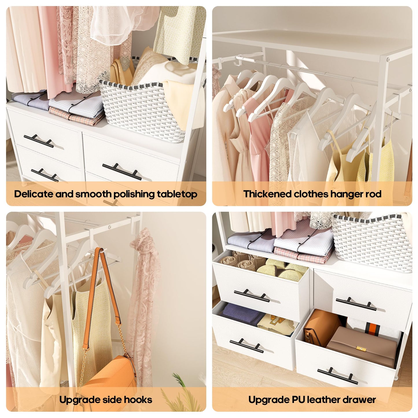MYGIIVOVO Open Wardrobe, Clothes Rail with Drawers for Bedroom, with 4 White Fabric Drawers, 4 Side Hooks and Metal Frame 30D x 80W x 172H cm
