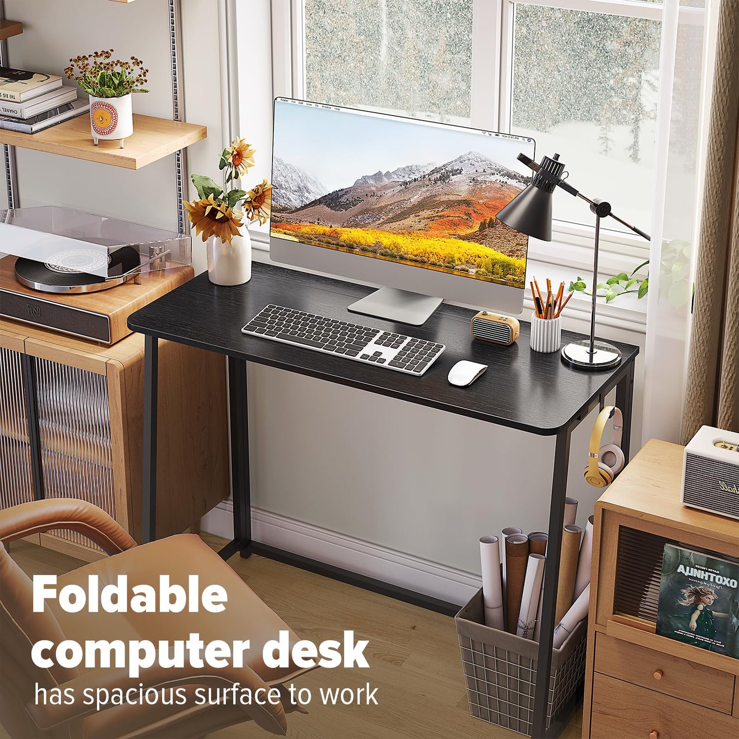 WOHOMO 100cm Folding Desk, Space-Saving Writing Foldable Table, black