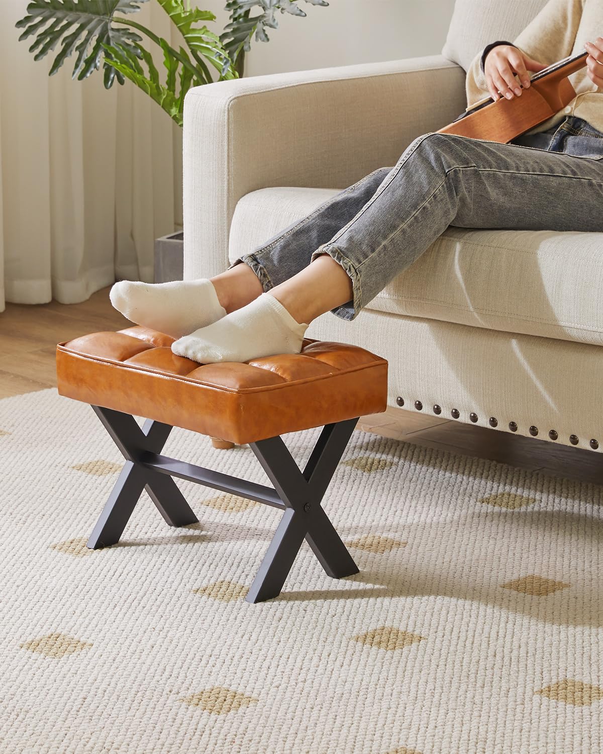 IBUYKE Small 12" H Footrest, Square PU Step Stool, Light Brown WBD012J