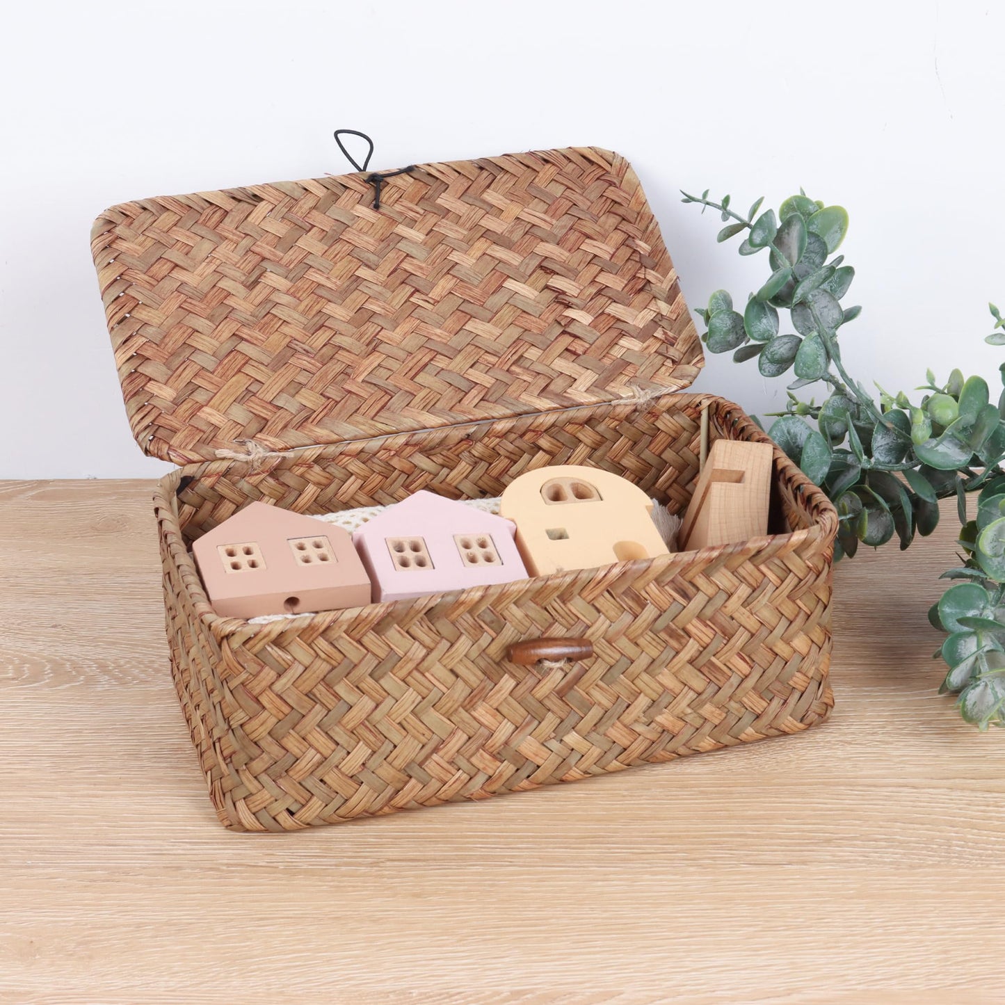 FEIALNDUO Wicker Shelf Baskets with Lid,Seagrass Storage Basket Bins Rectangular Handwoven Basket Boxes for Shelves Desktop Home Organizer