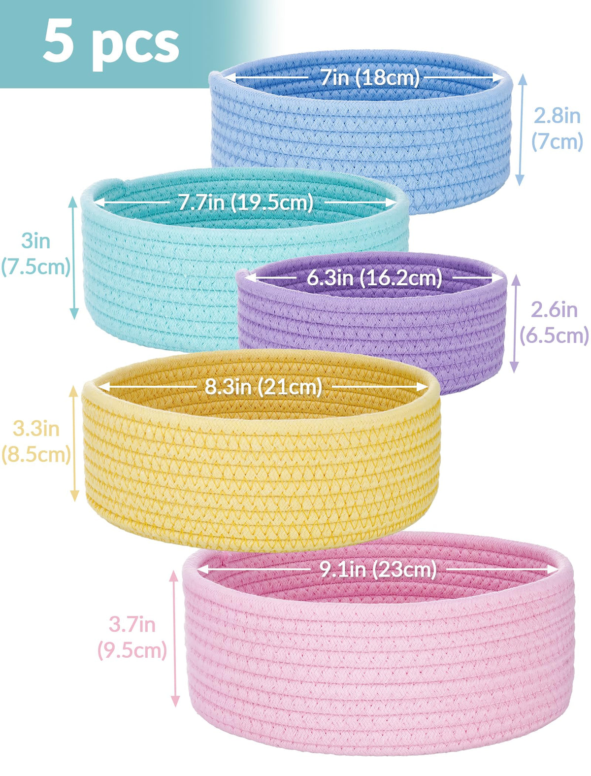NiHome 5-Pack Cotton Rope Storage Baskets, Woven Round Bin Set, Rainbow