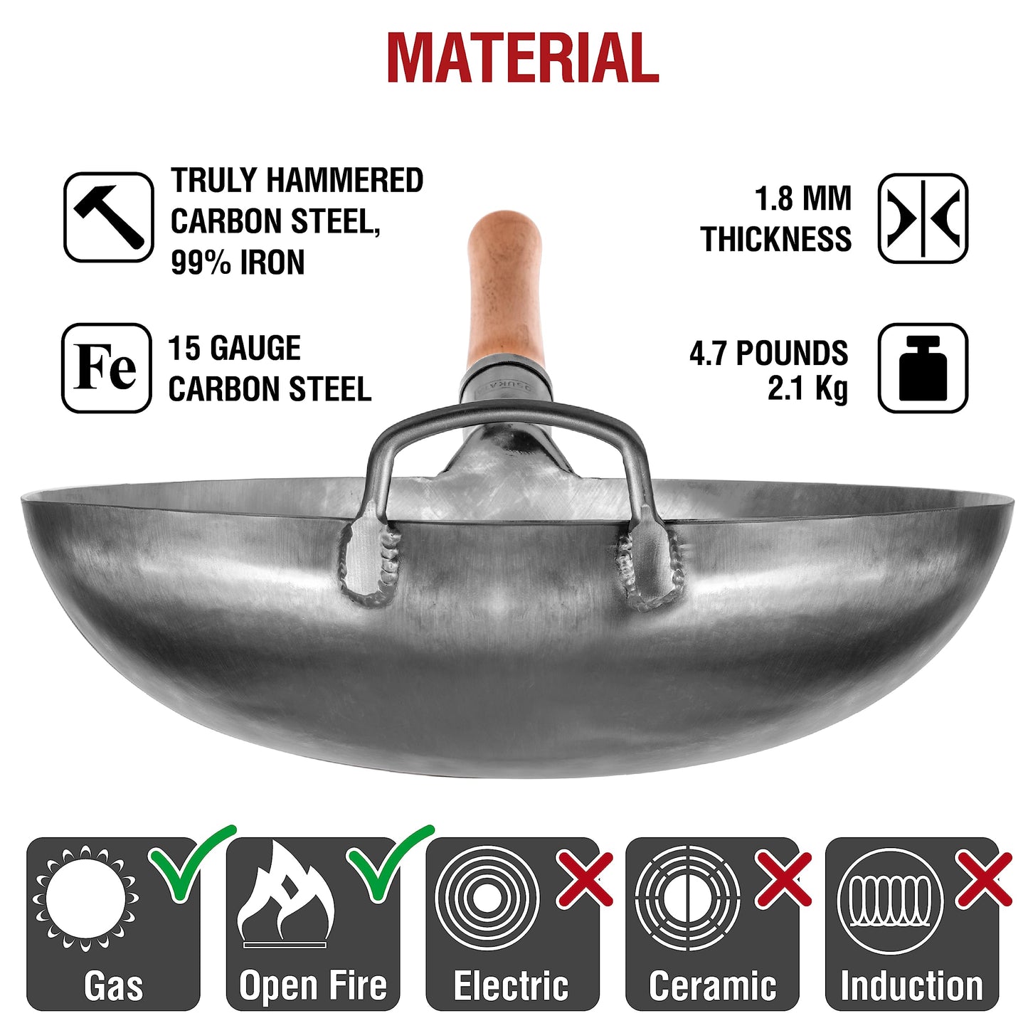 YOSUKATA Silver Round Bottom Woks and Stir Fry Pans 36 cm - Chinese Hammered Carbon Steel Pow Wok - Traditional Chinese Japanese Cookware - Carbon