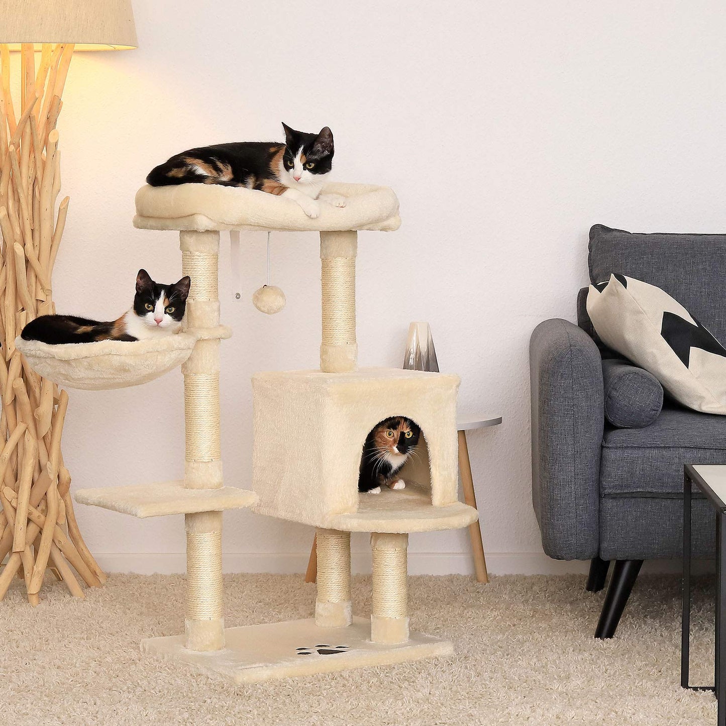 lionto Cat Scratching Post with Plush Ball Including Bell & Wall Bracket, Height 93 cm, Cat Tree with Sisal & Plush, Cosy Lying Surface & Caves,