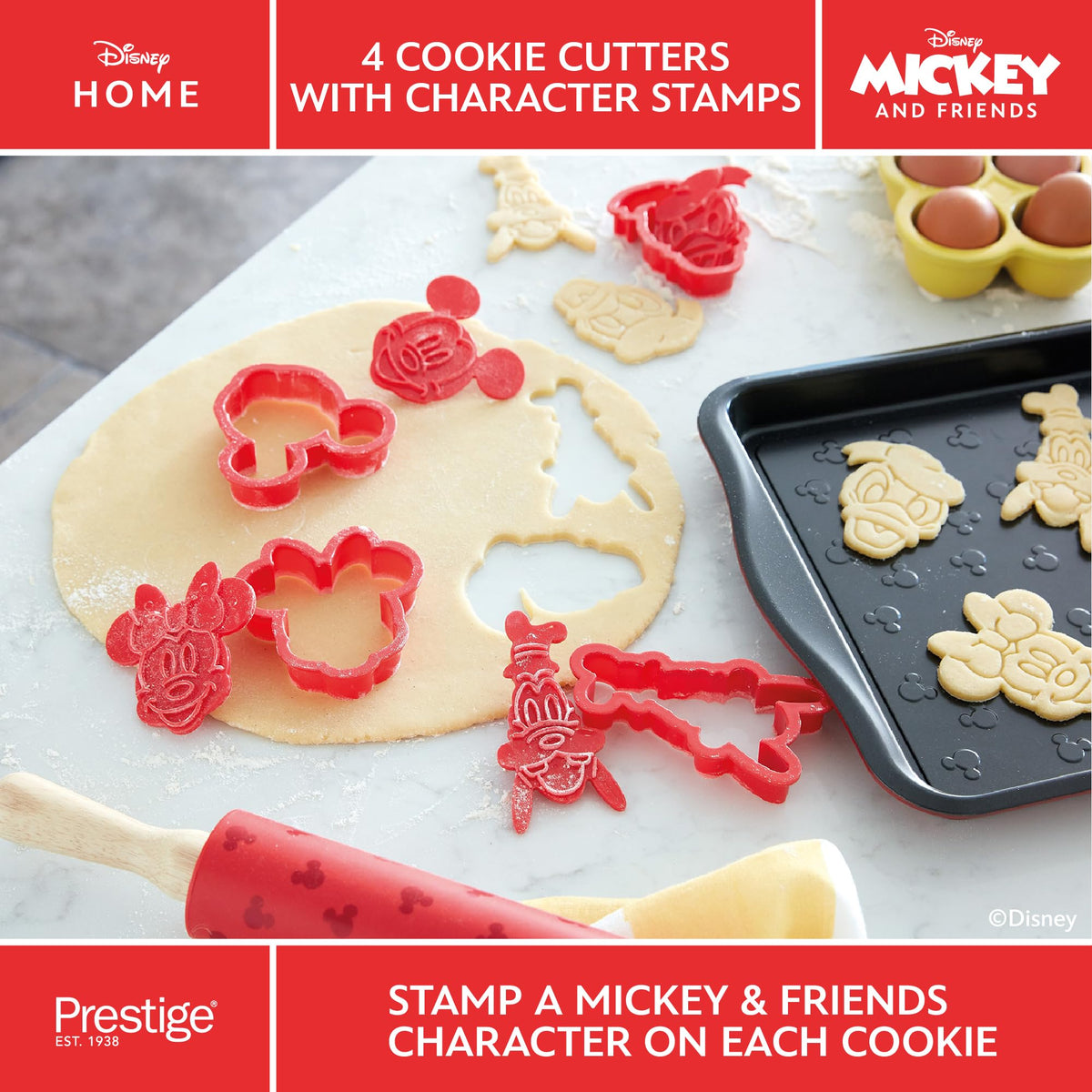 Prestige New Disney Bake with Mickey Mouse Bakeware Set with Non Stick Oven Tray 10" x 15", Cookie Cutter Set of 4 and Silicone Rolling Pin 45cm, Red"