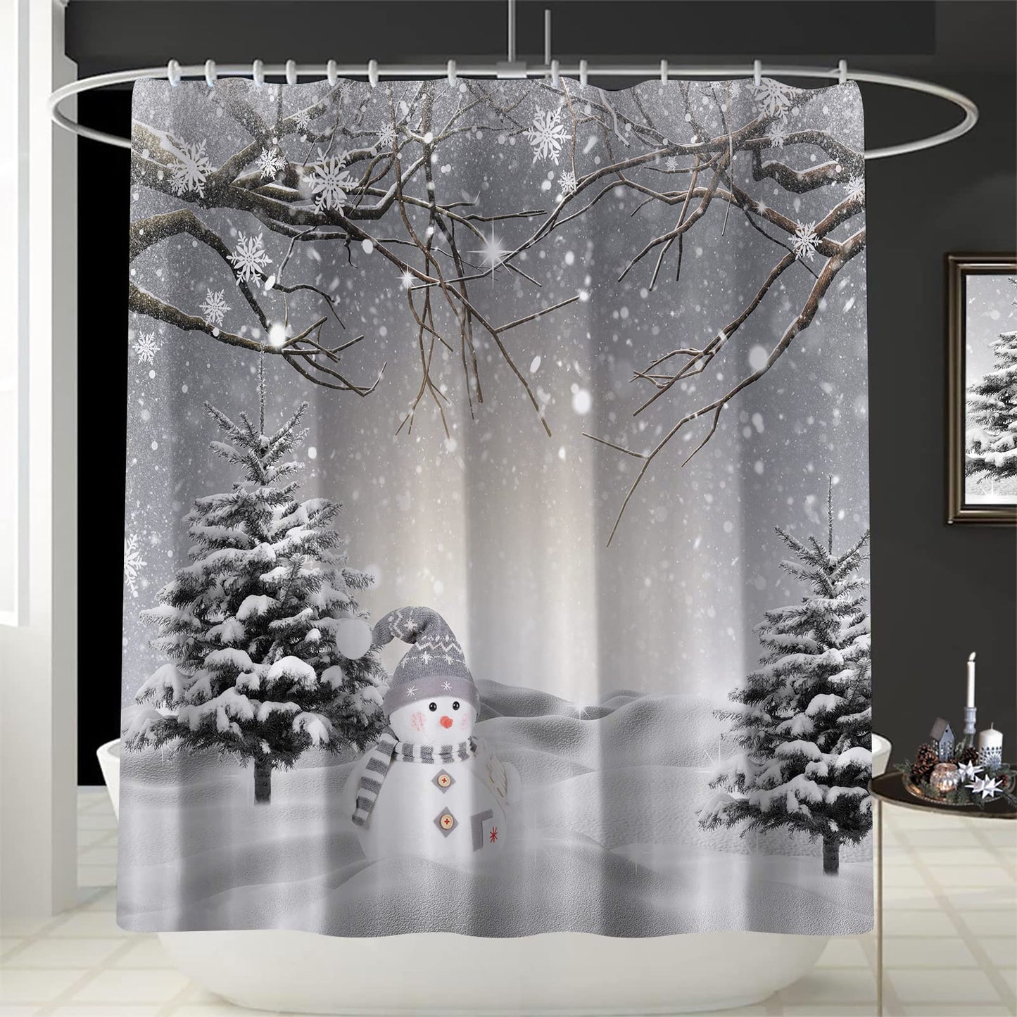 GOOESING Winter Christmas Shower Curtain, Cute Snowman Snowflake Scene Shower Curtains for Bathroom, Pine Tree Covered Snow Fabric Bath Curtains Set