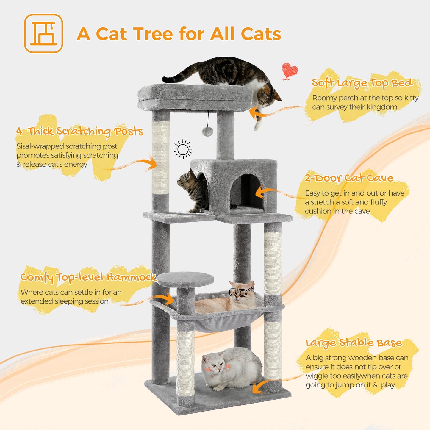 PAWZ Road Cat Tree, Big Cat Tower, Activity Center stable and sturdy, Cat Tree with hammock and lovely Cat House Grey 143cm/56.2"