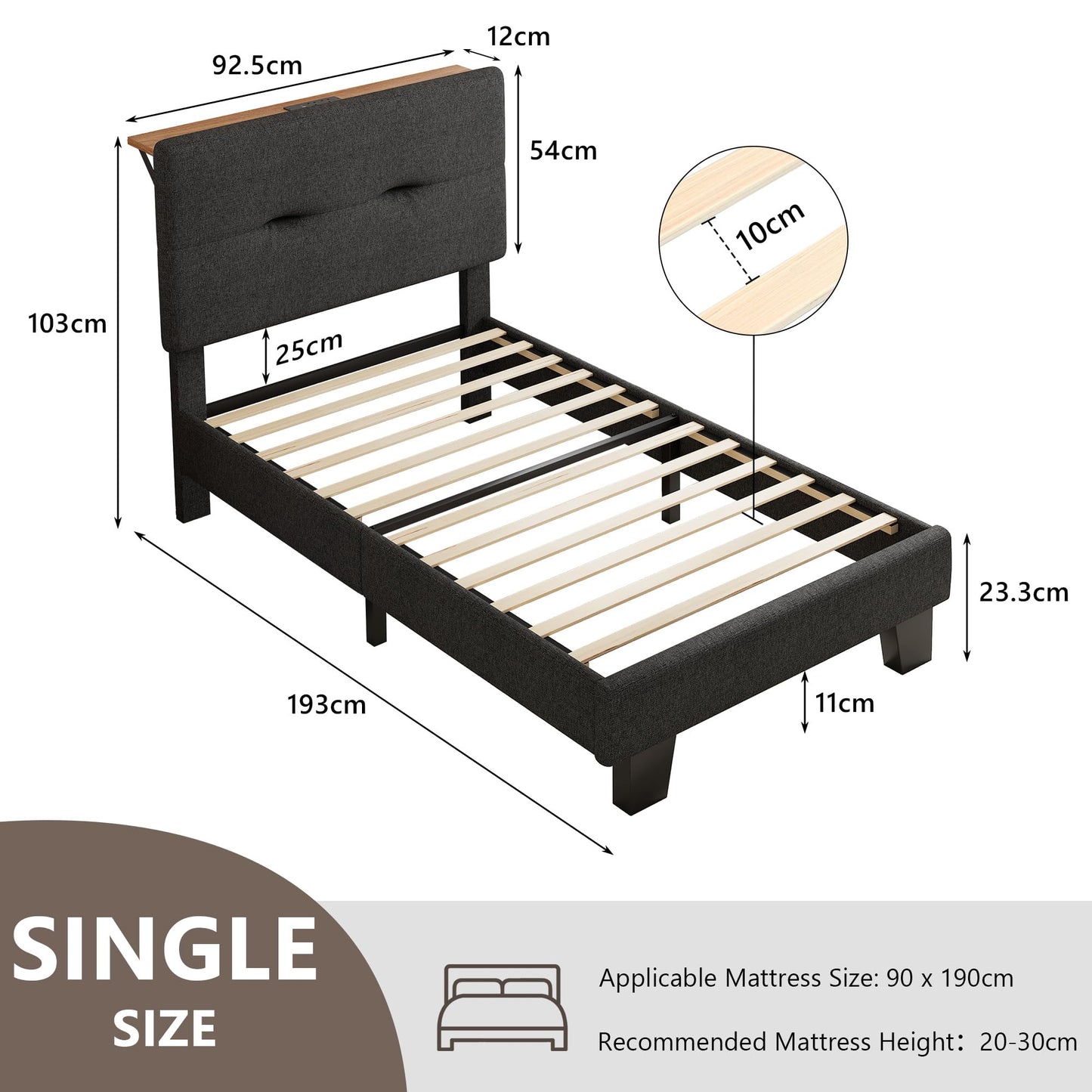 Feonase 3ft Single Bed Frame with Storage Linen Headboard, Upholstered Single beds with Charging Station, Sturdy Wooden Slat Support, Easy Assembly