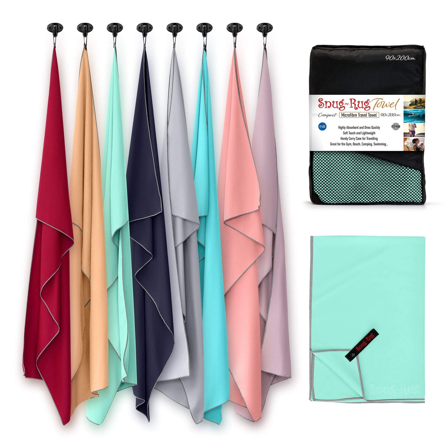 Snug Rug Microfibre Beach Towel Extra Large XL 200 x 90cm Super Absorbent Quick Drying Lightweight Sand Proof Beech Glass Turquoise
