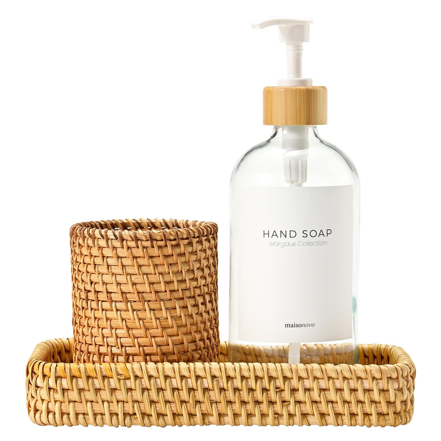 MaisoNovo Rattan Bathroom Set - Clear Countertop Dispenser, Toothbrush Holder & Toothpaste Cup with Tray - Set of 3 - Rattan Bathroom Vanity Trays