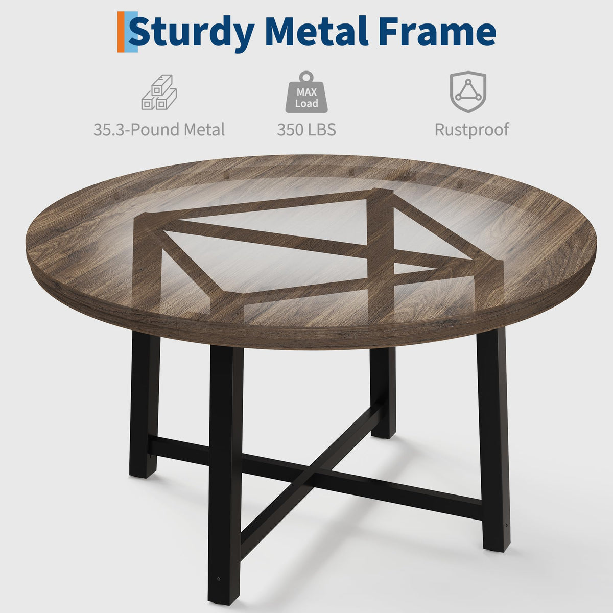47 in Round Dining Table, Industrial Dinner Table for 4 to 6, Wooden Kitchen Table with Sturdy Metal Frame & Rustic Light Oak Finish