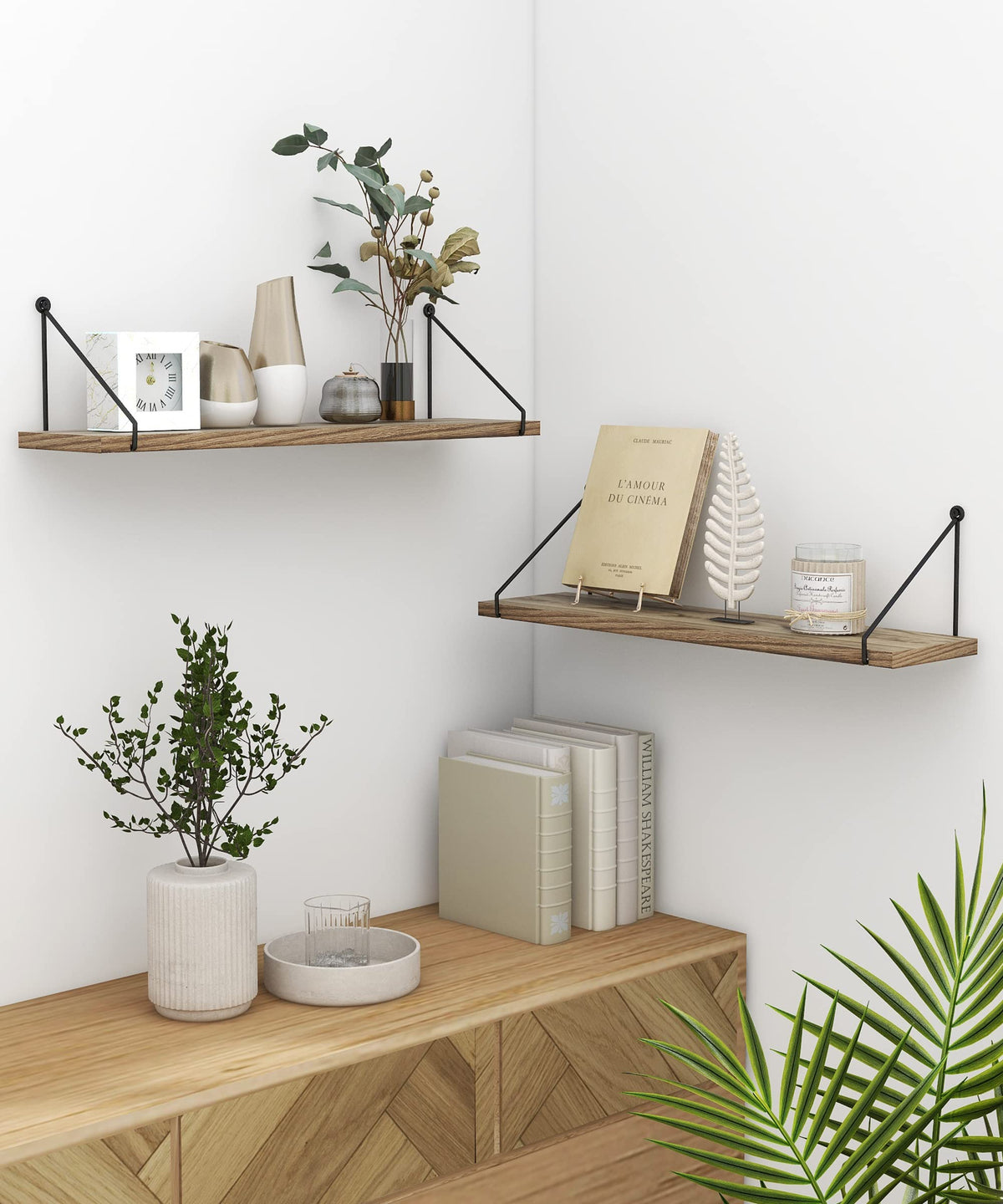 SUMGAR Long Floating Shelves for Wall Rustic Wood Shelf 60CM for Bathroom Kitchen bedroom living room office Wooden Storage Rack Set of 2 With Bracket