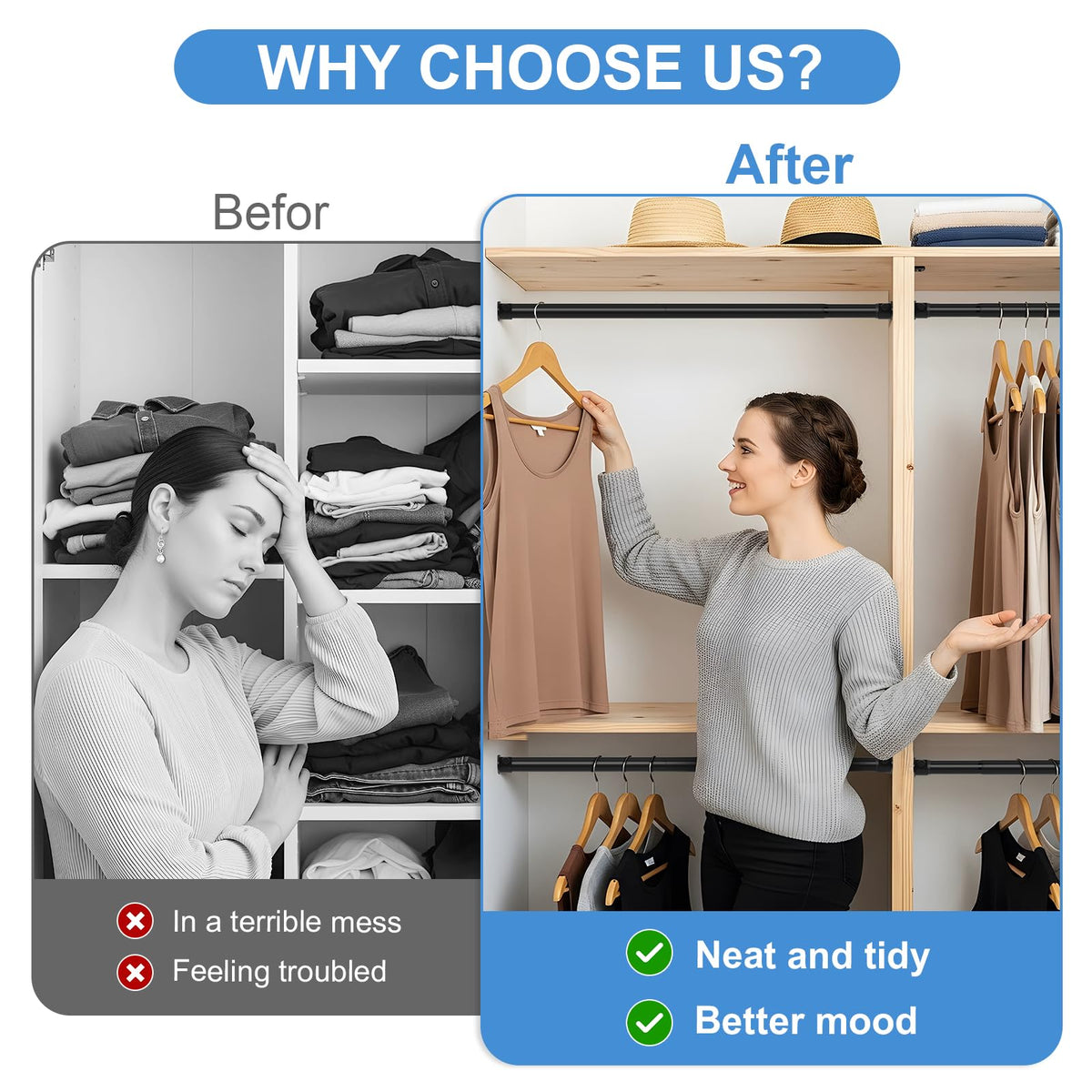 Wardrobe Rail 42-103cm Extendable Clothes Rail Black Wardrobe Pole Stainless Steel Adjustable Clothes Rail Heavy Duty Hanging Rails For