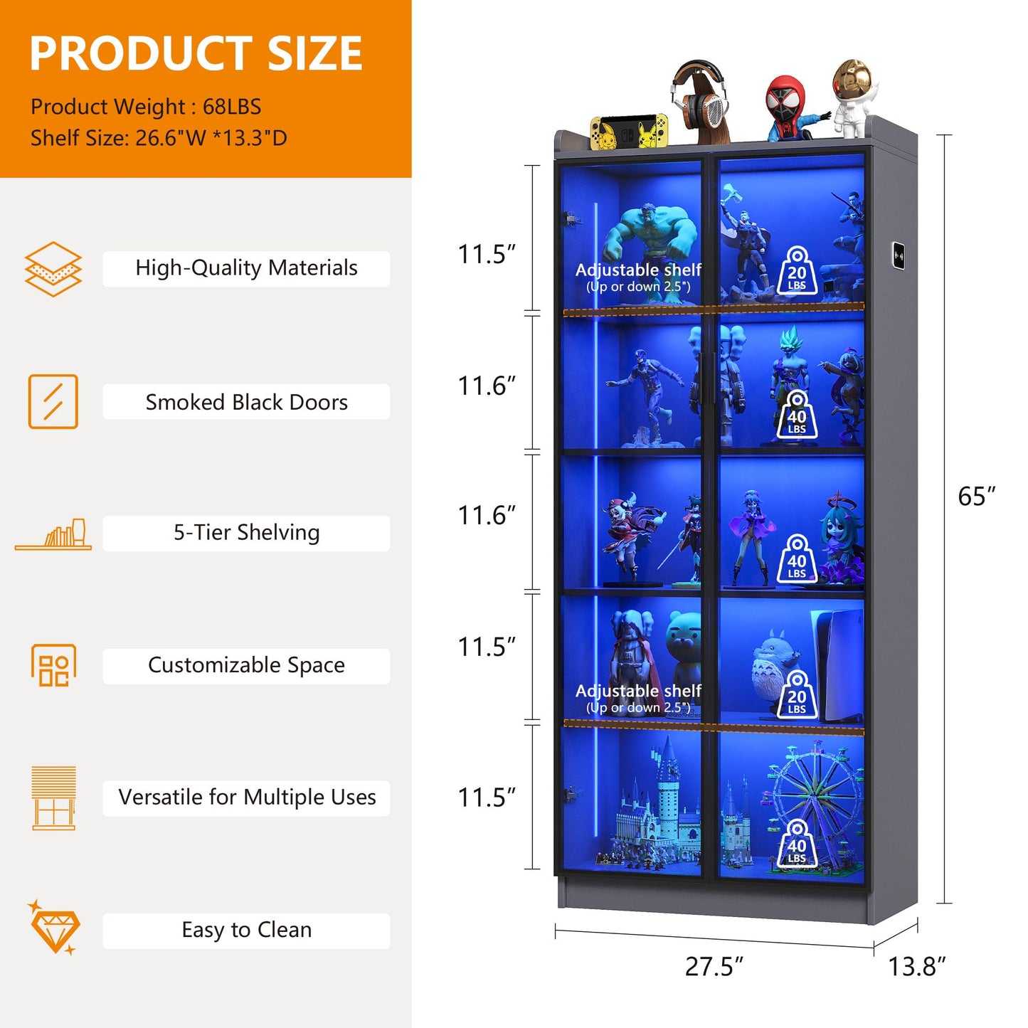 FREDEES LED Display Cabinet with 2 Doors and Adjustable Shelf, 165CM, Grey