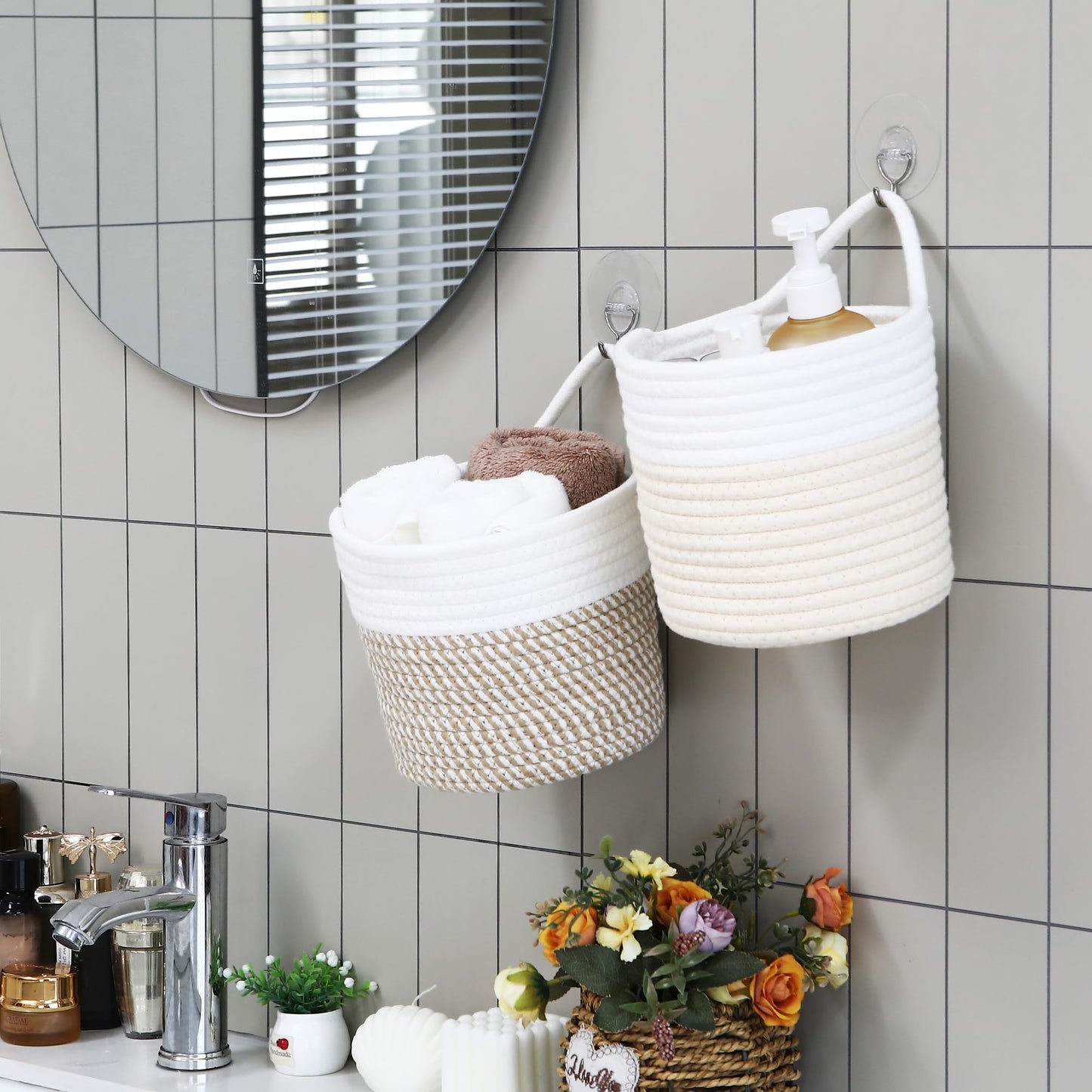 Sea Team Two Tone Woven Cotton Rope Hanging Wall Storage Basket