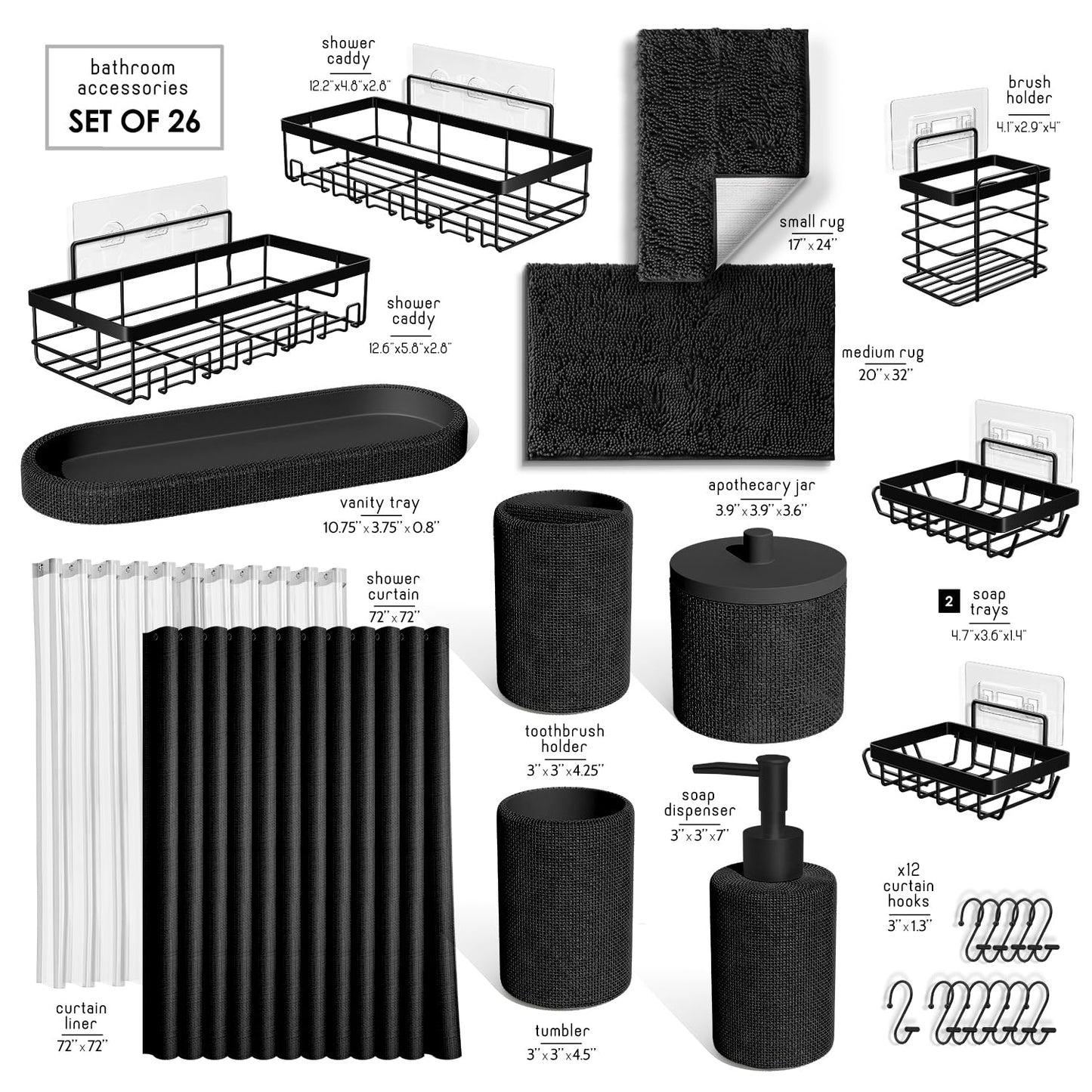 Clara Clark Black Bathroom Set - Bathroom Sets with Shower Curtain and Rugs, 26PC Bathroom Accessory Set
