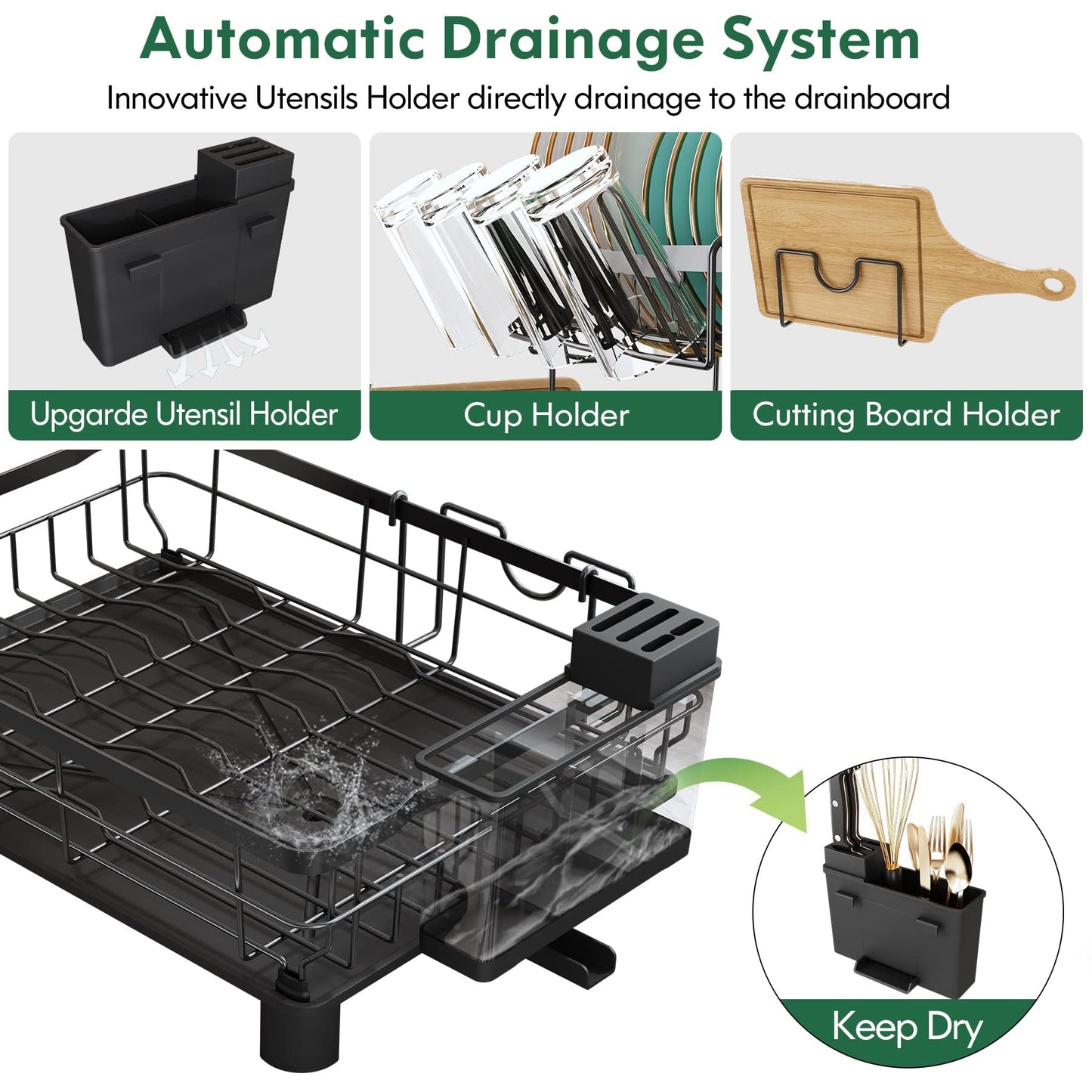 MAJALiS Dish Drainer Rack, 2 Tier Dish Drainer with Drip Tray and Drainer Mat, Stainless Steel Dish Rack with Utensil Holder, Swivel Spout, Draining