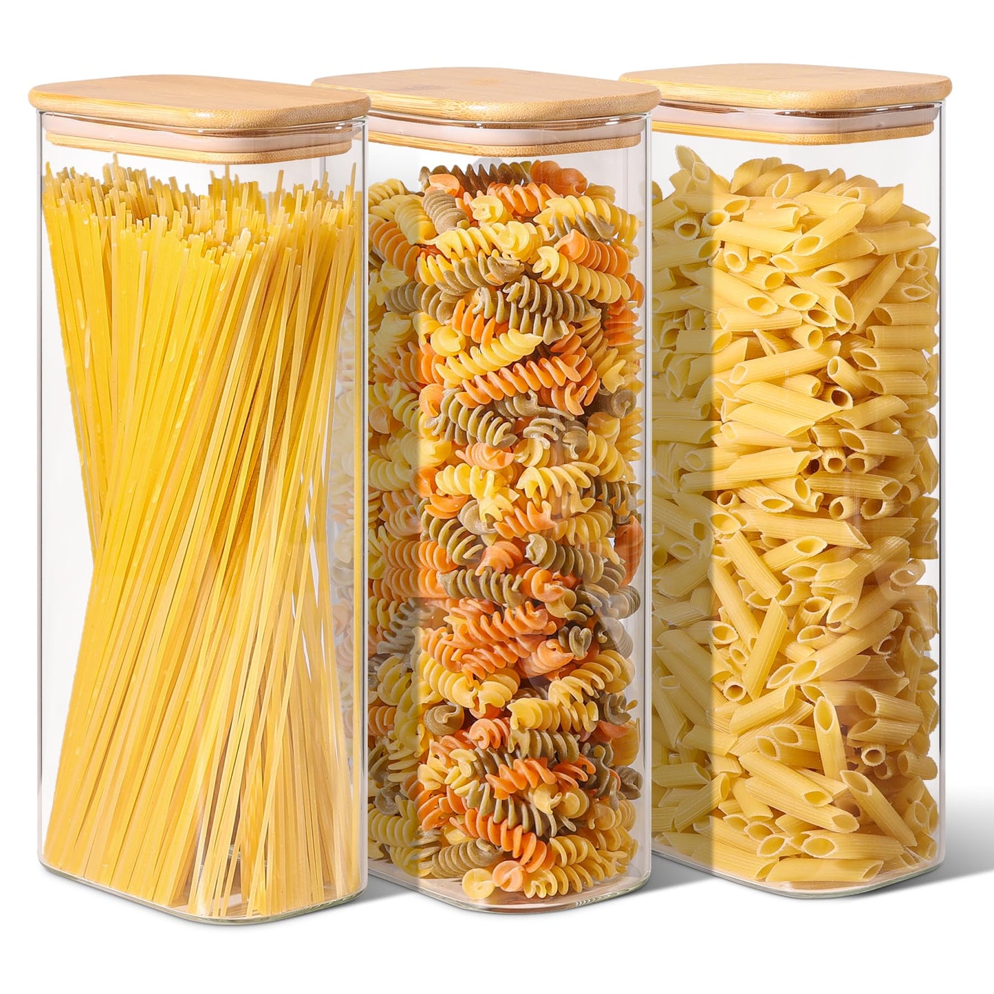 ComSaf 2100ml Rectangle Glass Storage Containers with Lids, Glass Jars with Bamboo Lids, Clear Food Storage Jar, Tall Spaghetti Container, Pantry