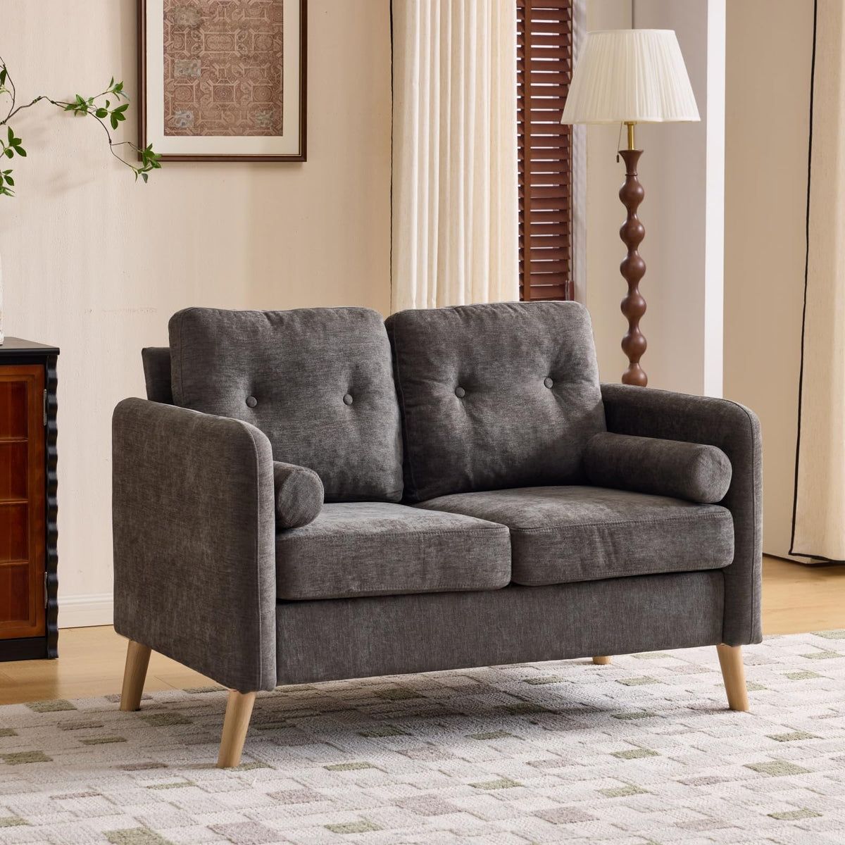 VINGLI 2 Seater Sofa, Small Sofa with Thicken Cushion and Pillows,Deep Grey
