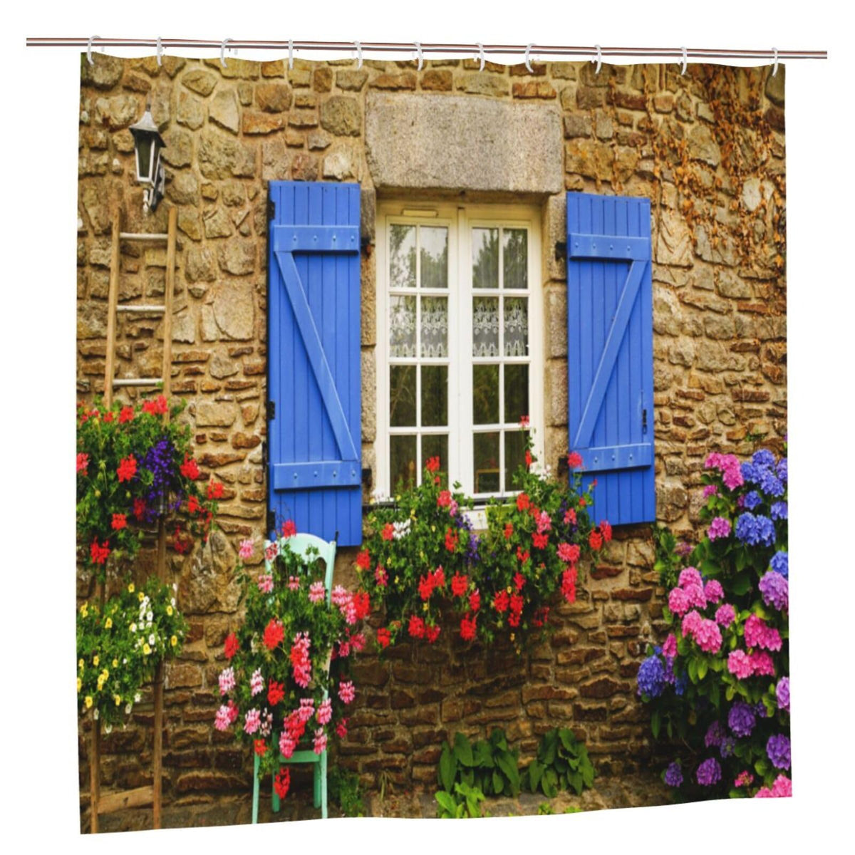 YUAOEUR 3D Garden Shower Curtain 60X72 Inch Blue Wooden Window Stone Wall and Flowers Plants Scenery Bathroom Decoration Curtains with Hook