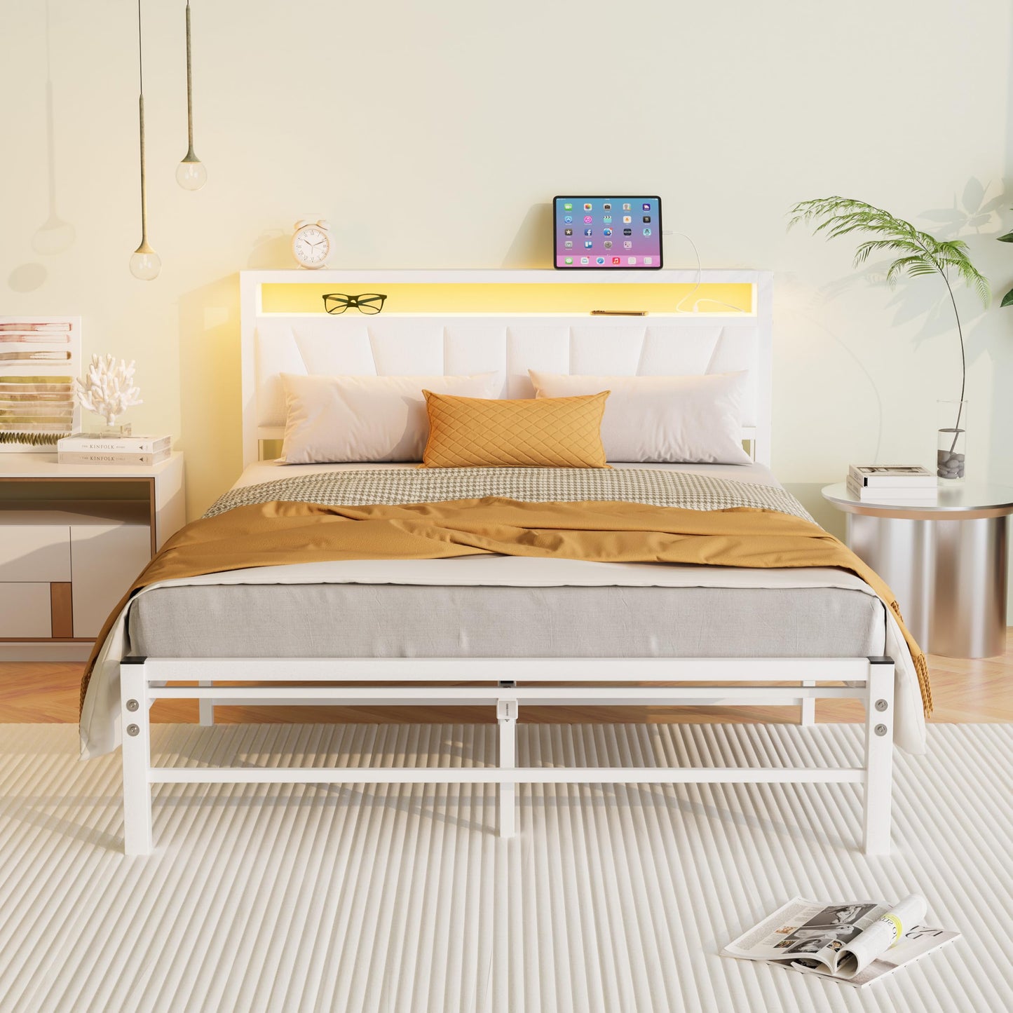 BORPHOM White Double Bed Frame with Storage and LED Lights,4ft6 Metal Platform Bed Frame Double Size Bed Base with Charging Station,Mattress