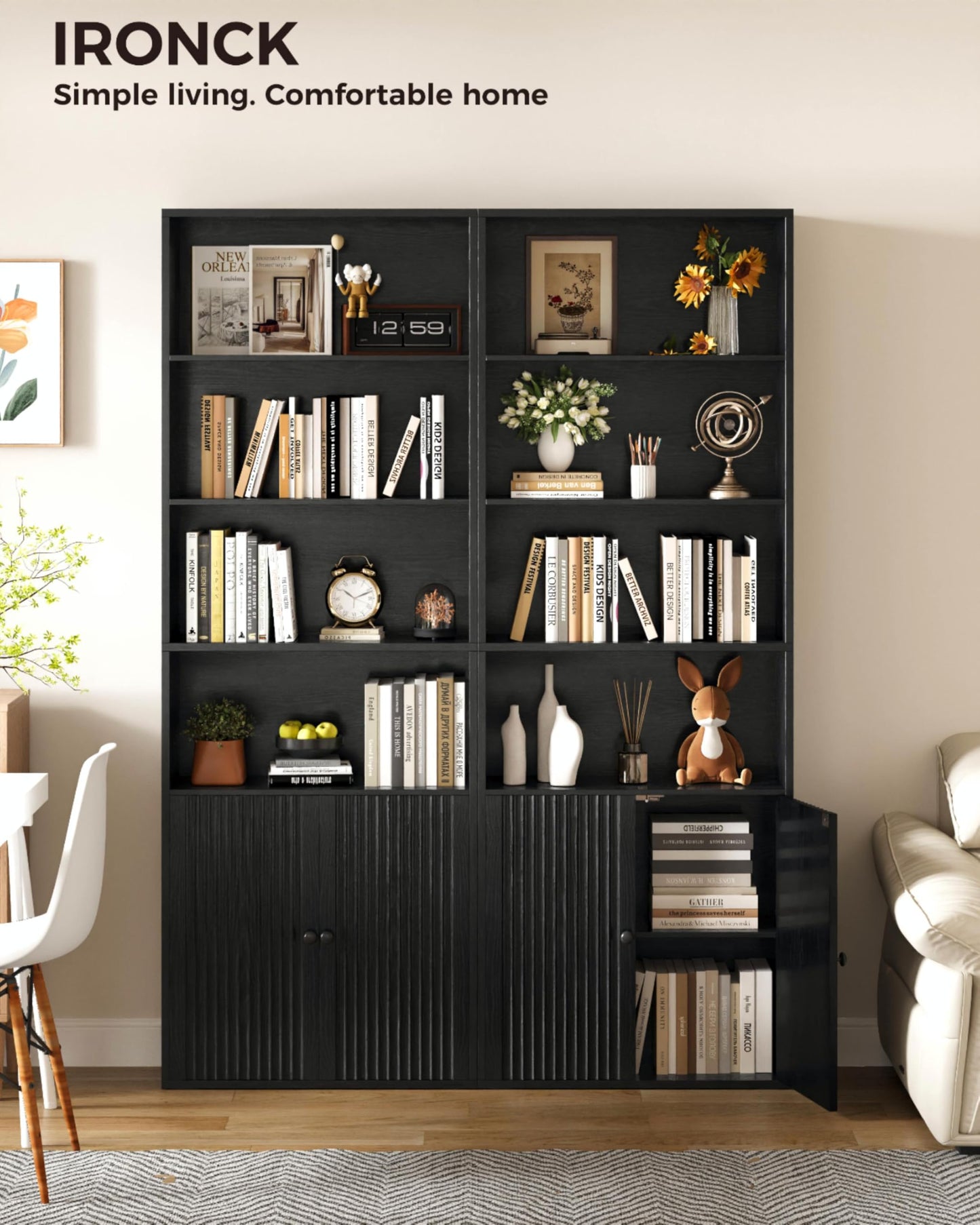 IRONCK Bookcase, Bookshelf with Doors, 6 Tier Tall Book Shelf, Shelving Unit, 60x23.5x180cm Free Standing Display Shelf for Living Room, Home Office