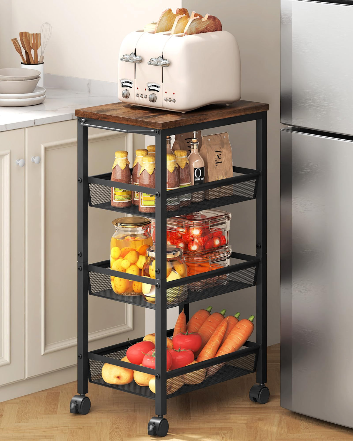 Hoctieon Rolling Storage Cart, 4-Tier Wide Panel Kitchen Storage Cart, Utility Carts with Handle & Wheels, Mobile Shelving Unit