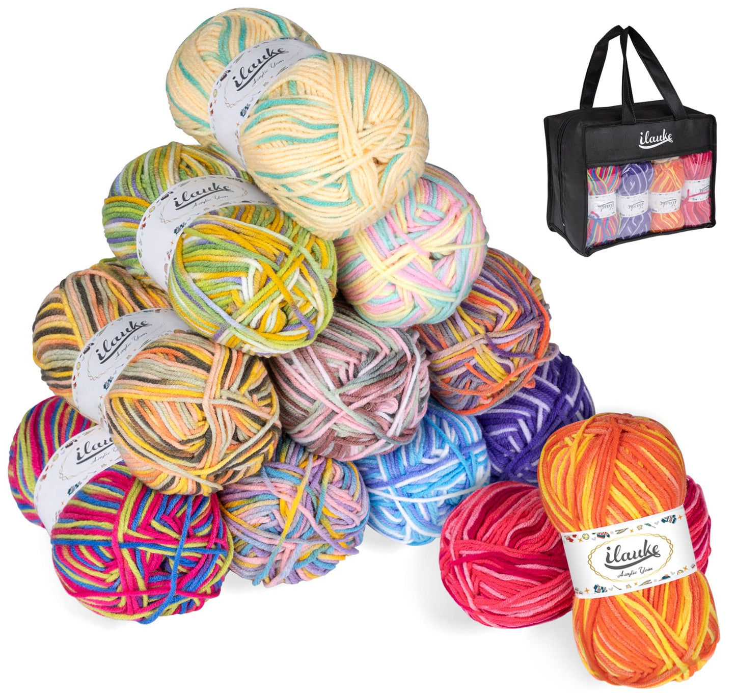 ilauke Knitting Yarn 12 Balls,Multicoloured Acrylic Yarn, Knitting and Crochet Yarn 50-gram Ball Soft and Warm, for Crochet, Weaving, DIY Craft
