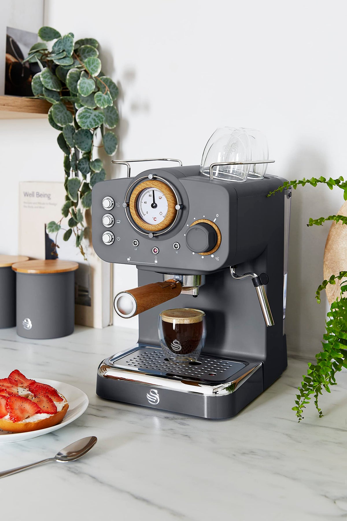Swan SK22110GRYN Nordic Espresso Coffee Machine with Milk Frother, Steam Pressure Control, 1.2L Detachable Water Tank, 1100W, Nordic Slate Grey