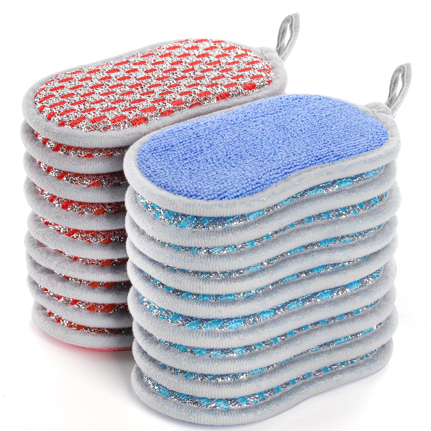 Dicunoy 20 Pack Multipurpose Kitchen Scrub Sponges, Reusable Washing Up Pads, Non-Scratch Microfiber Sponge Pads with Loop, Reusable Cleaning Scrubber