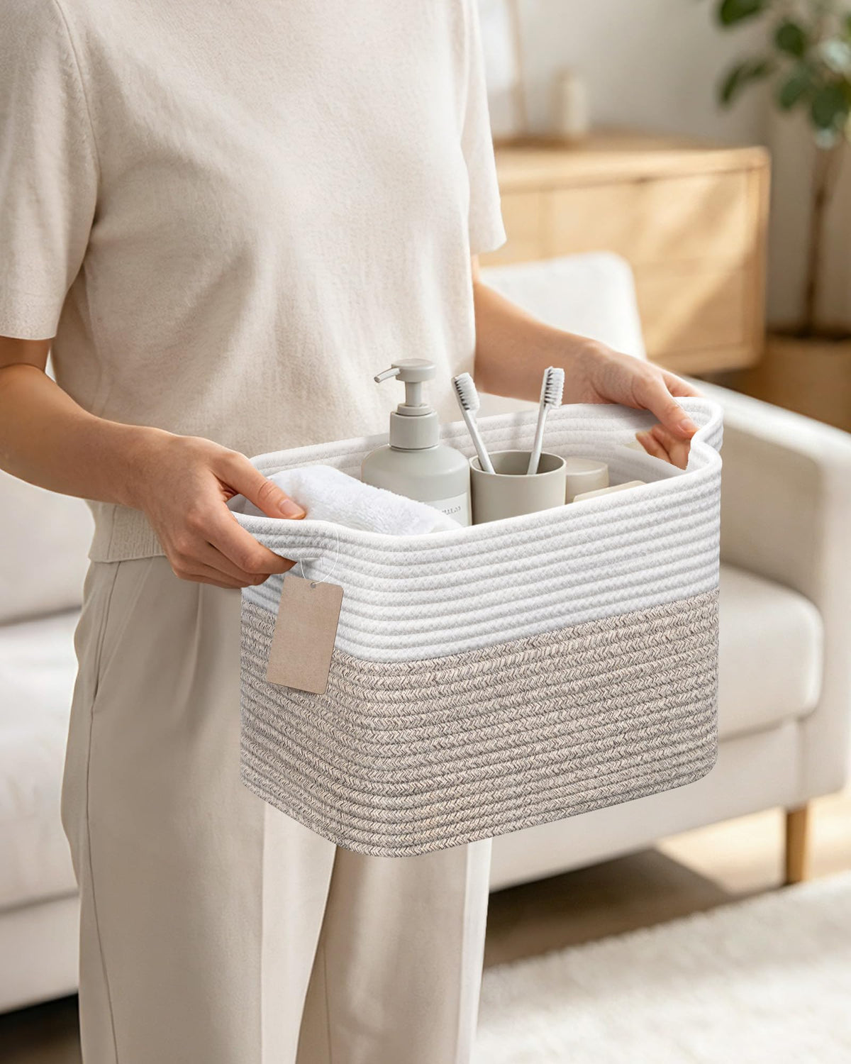 JOJOSEE Small Cotton Woven Storage Basket for Shelves, White&Brown,3PCS