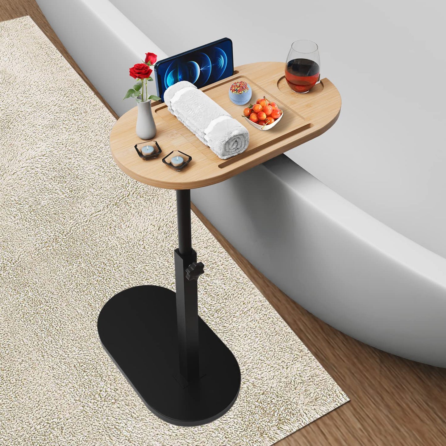 Bamboo Bathtub Tray Table with Sturdy Base & Thick Metal Bracket, Adjustable Height, Perfect Bathroom Tub Accessories, Bed Side Desk, Sofa End Table