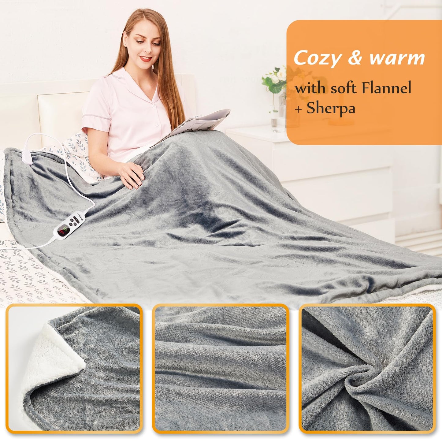 Mia&Coco Electric Heated Blanket Throw Flannel Sherpa Fast Heating 180x130cm, 10 Heat Levels & Up-to-9-Hours Auto-Off Timer & LED Display, for Home