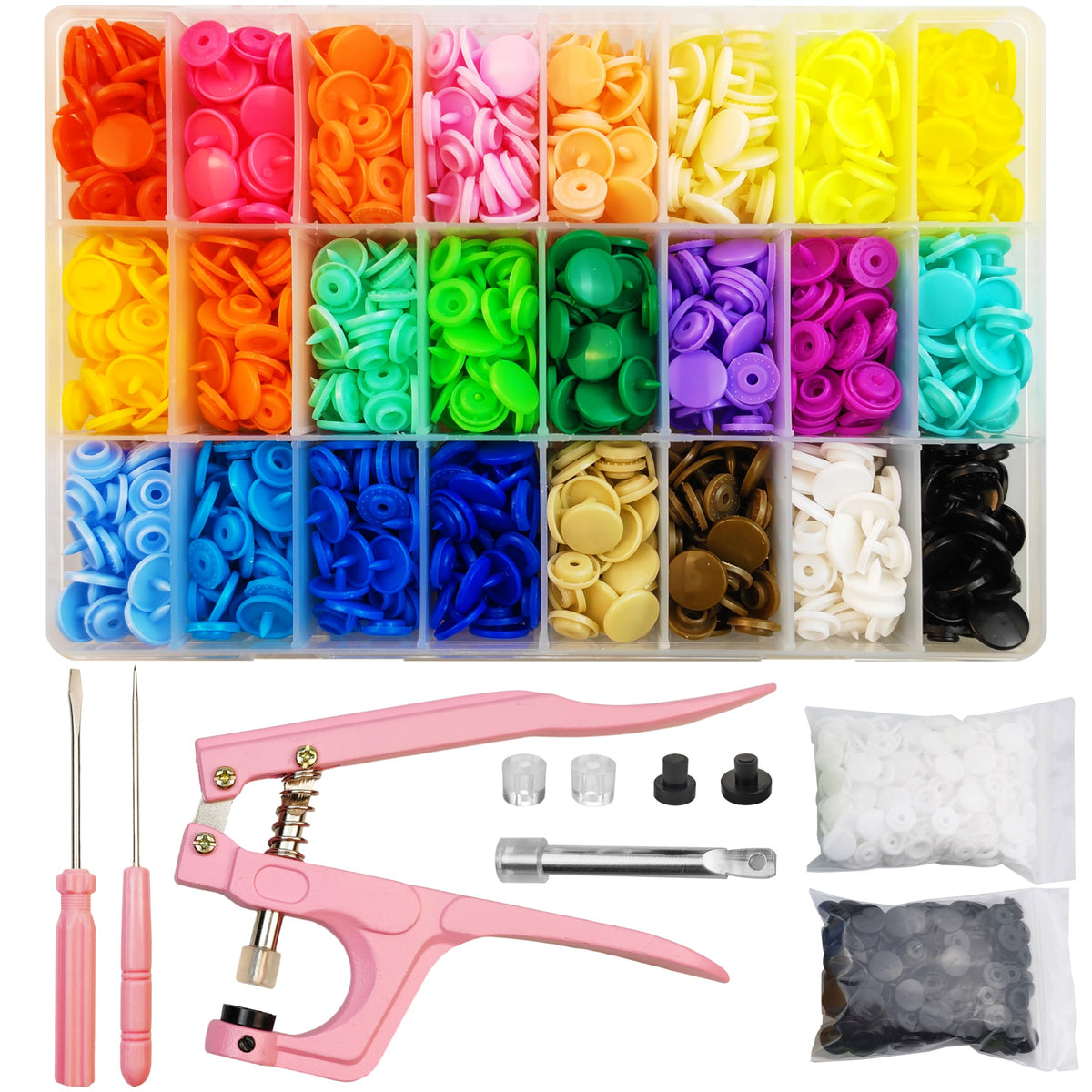 ChaliGoo 460 Sets T5 Plastic Snap Fasteners with Upgraded Pink Pliers, 24 Colors Snap Buttons Press Studs, Poppers Fasteners Kit for Sewing, Crafting