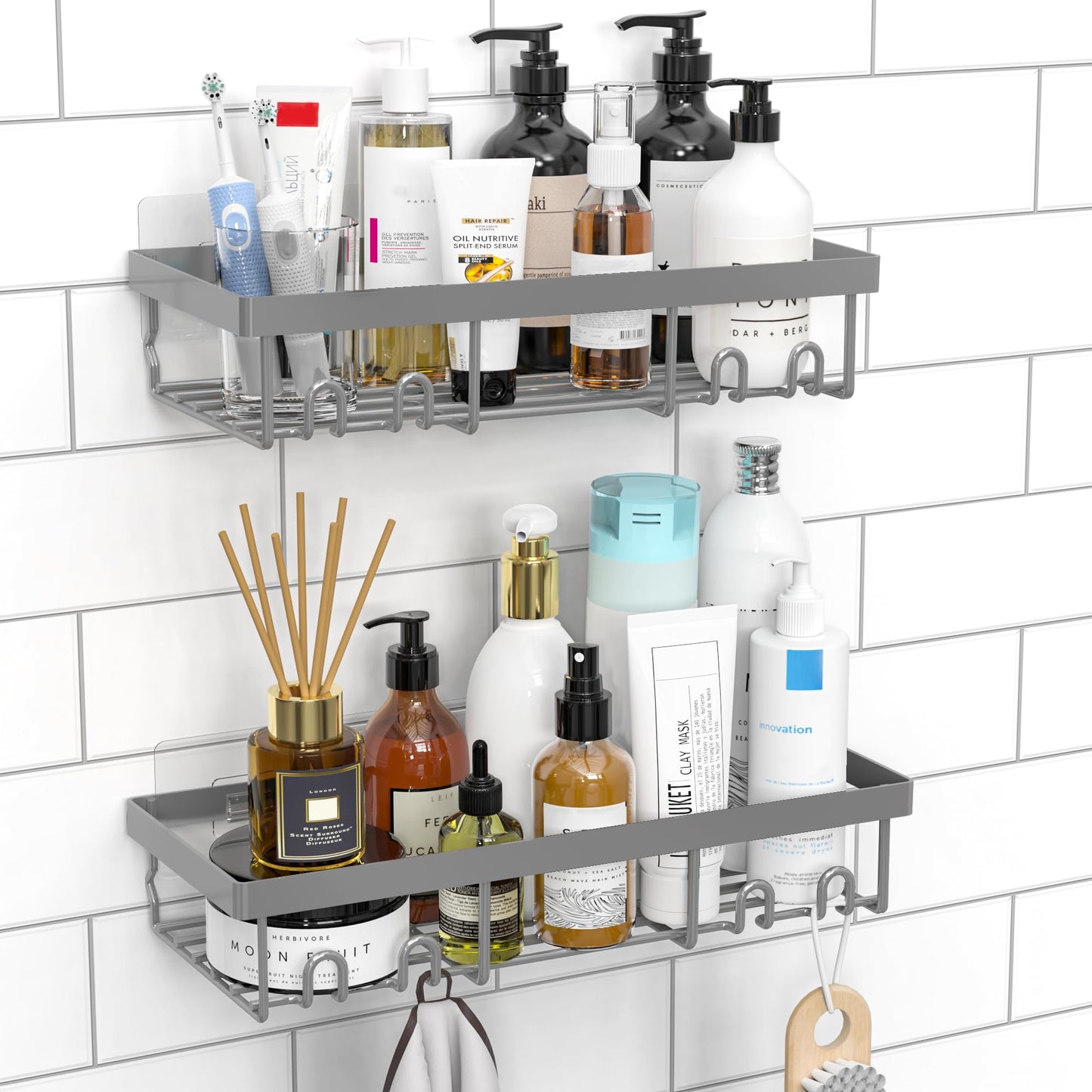 DIFULI Shower Caddy Shelf Organiser 2 Pack, No Drill Gray Shower Shelves,Self Adhesive Bathroom Storage Accessories