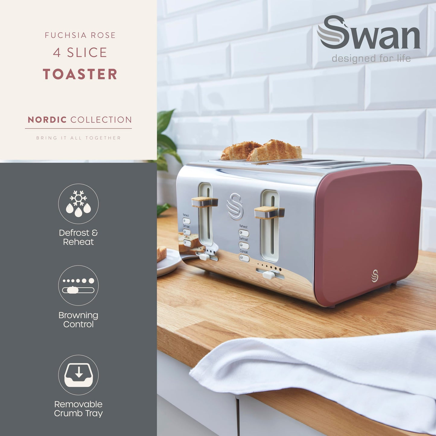 Swan ST14620FUS Nordic 4 Slice Toaster with 6 Browning Levels, Defrost/Reheat/Cancel, Removable Crumb Trays, Cord Storage, 1500W, Fuchsia Rose, Fusia