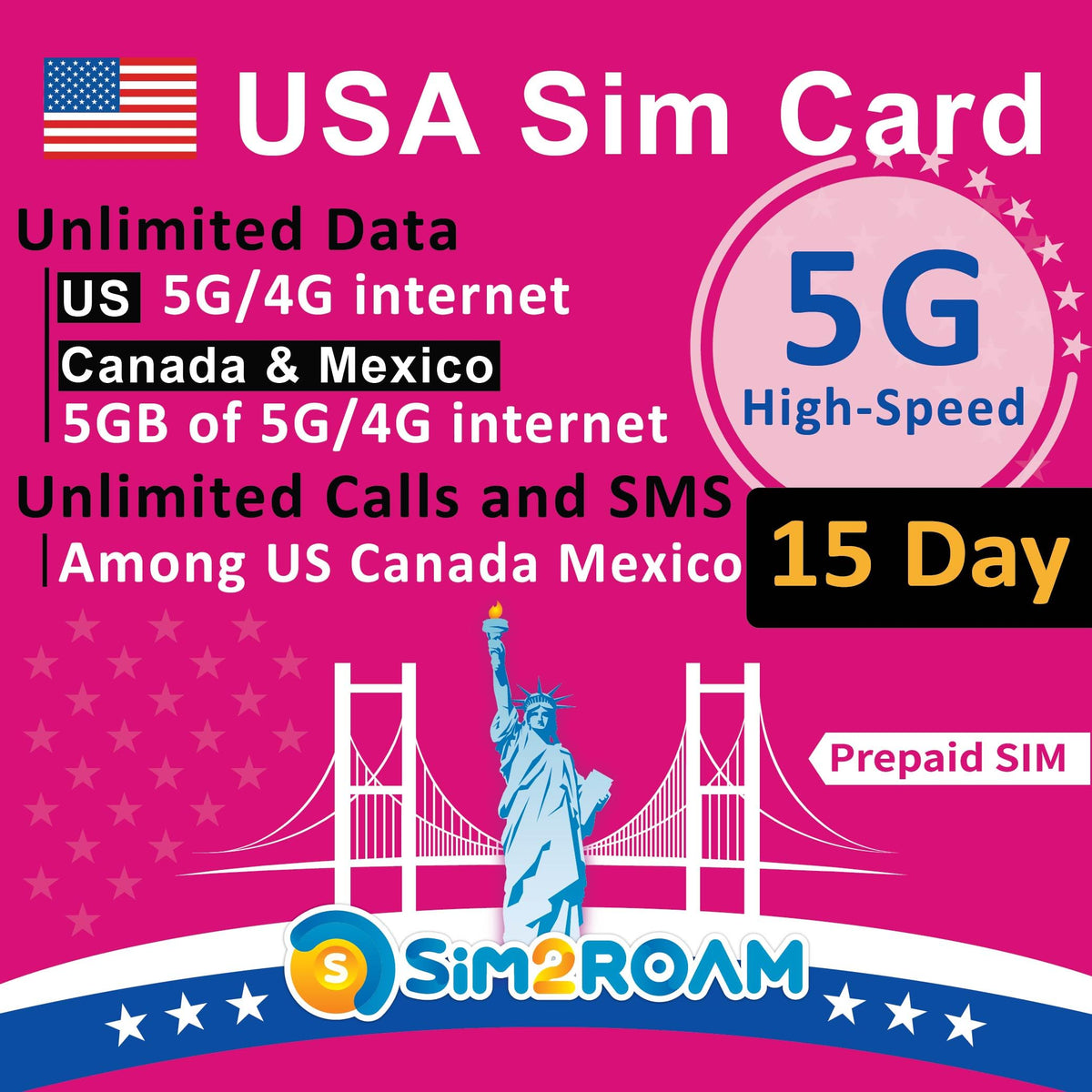 SIM2ROAM USA Prepaid SIM Card Unlimited 5G/4G LTE High-speed Internet Data in US (Hawaii included) Unlimited Calls and Texts (SMS) in United States