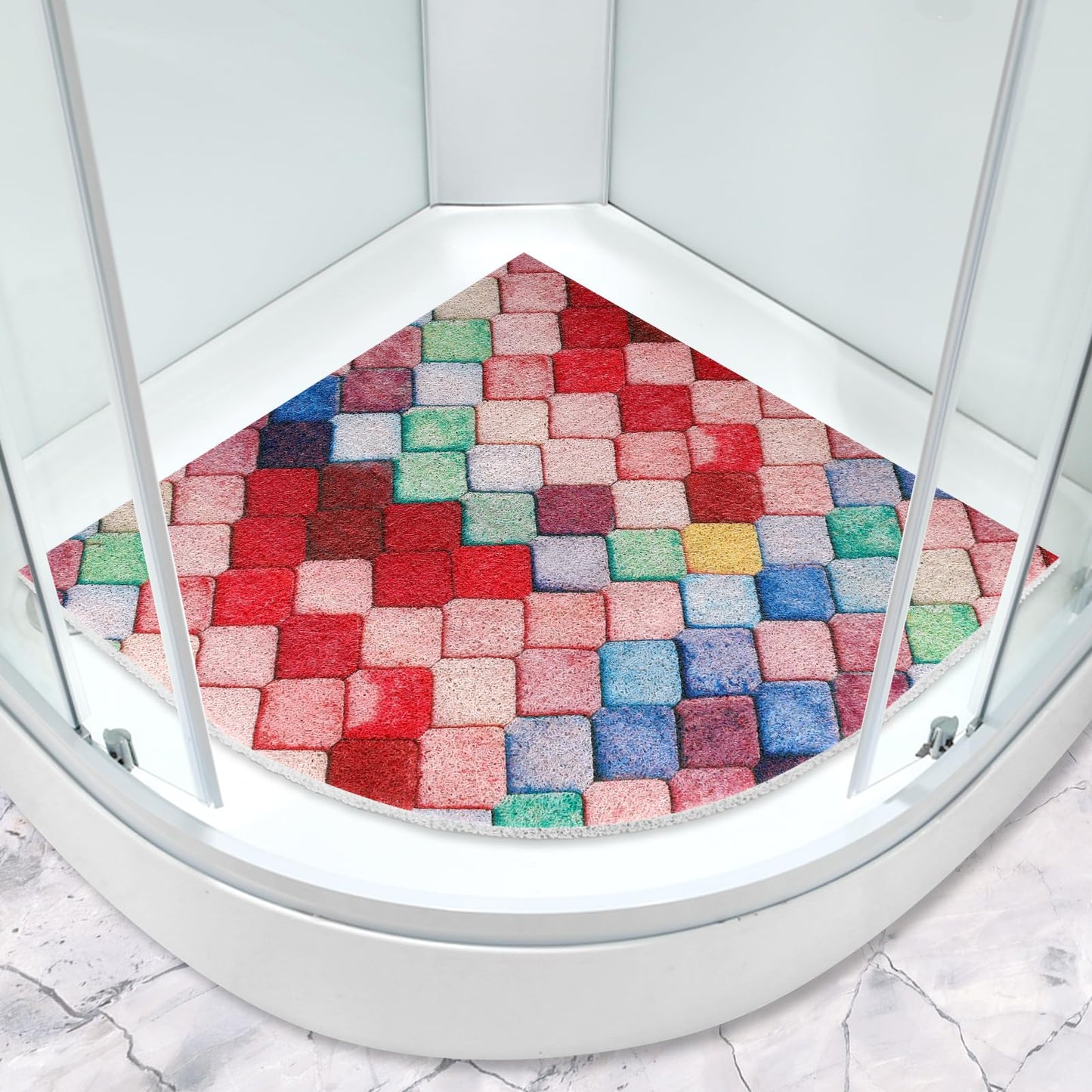 Large Corner Shower Mat Non Slip: 70x70cm Loofah Sector Bath Mat Non Slip Anti Mould for Inside Shower - Soft Textured with Drain Holes - Red Quadrant