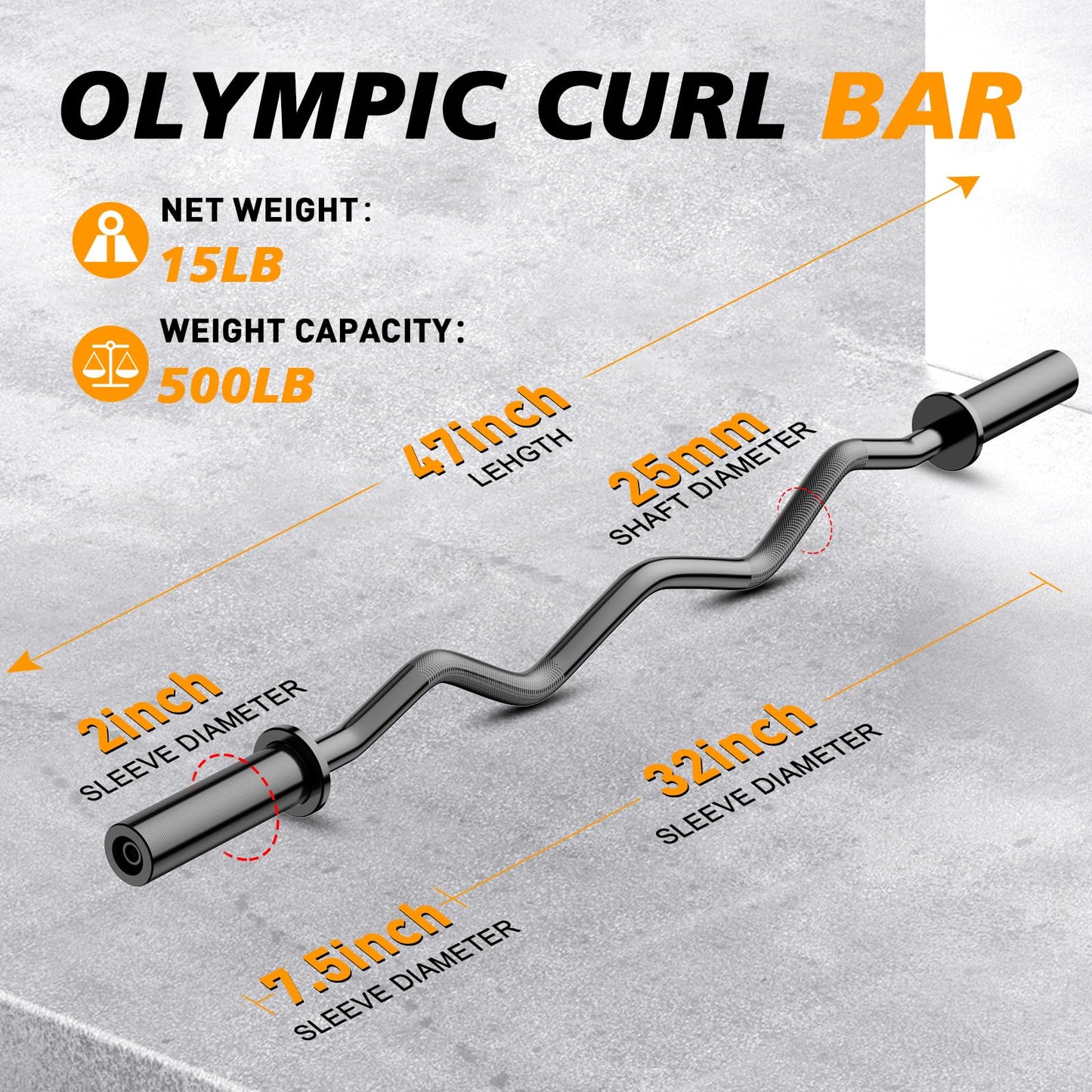 Olympic EZ Curl Barbell Bar 47", 2-Inch Curl Bar for Weight Lifting,Hip Thrusts,Squat,Biceps-Home Gym Weight Bar, Chrome Curling Bar for 2 Inch Weight