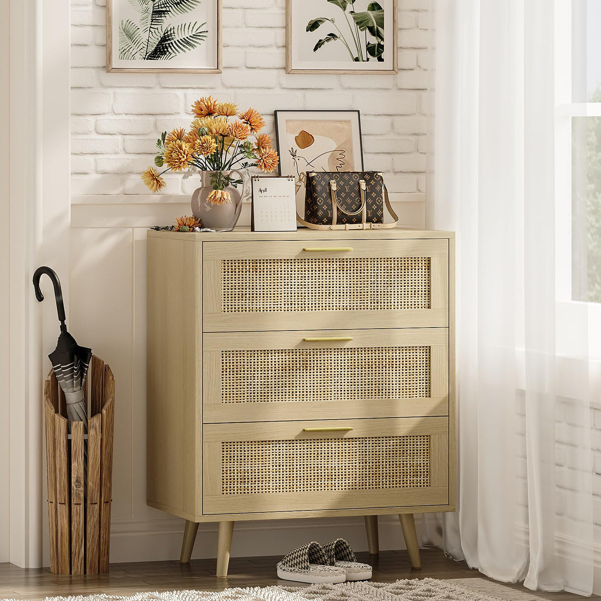 Trironsun 3 Drawer Rattan Dresser for Bedroom Boho Beside Table Chest of Drawers with Metal Handles Spacious Clothes Storage Cabinet End Table for
