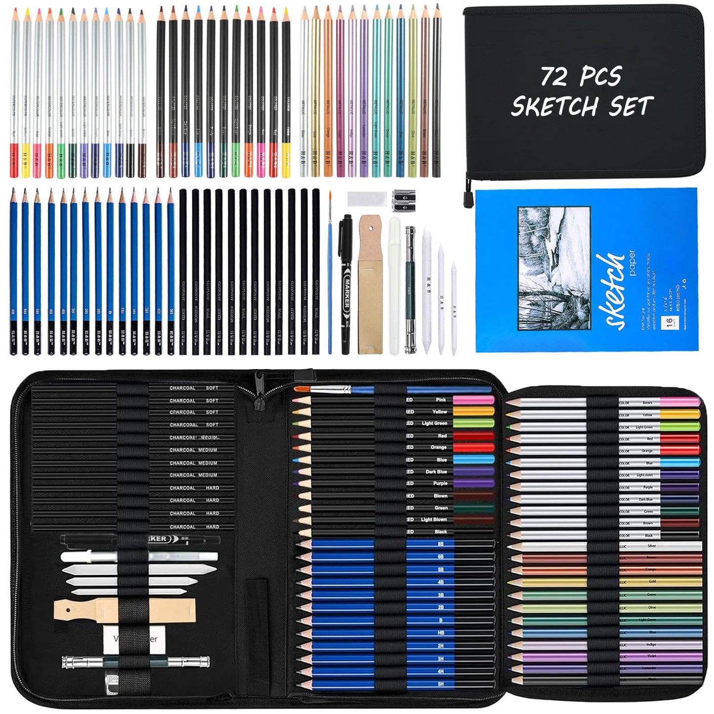 72Pcs Drawing Sketching Kit Set, Pro Art Supplies with Sketchbook, Watercolor, Graphite, Colored, Metallic, Charcoal Pencil, Drawing Set in Zipper