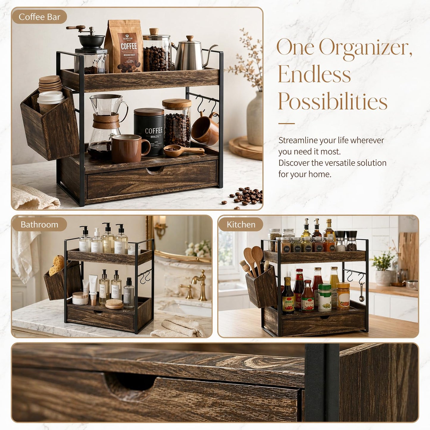 Bathroom Counter Organizer with Drawer and Basket, Wooden Skincare Holder