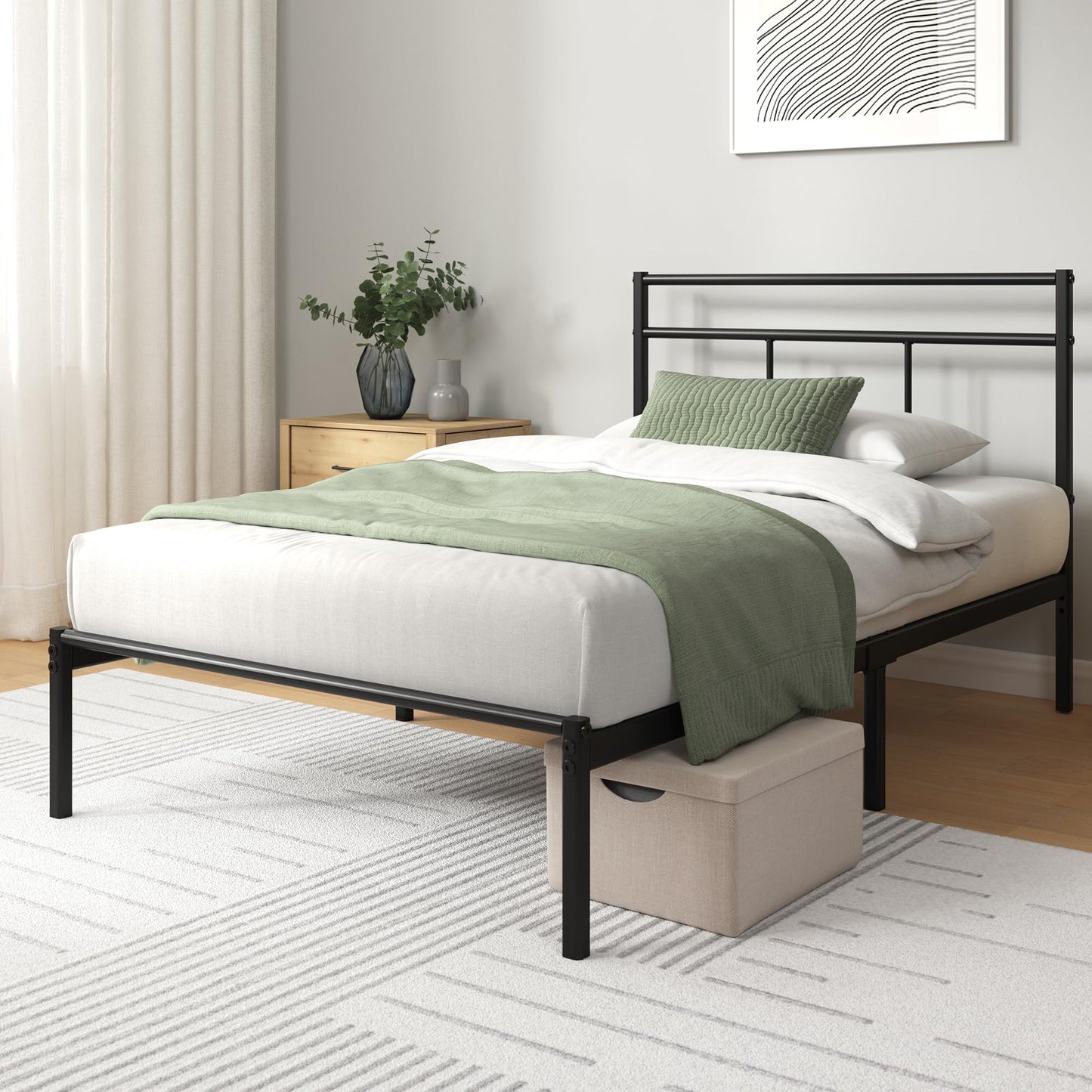 Zinus Elias Single Bed Frame  Bed 90x190 cm  30cm Height Metal Bed Frame with Headboard  Platform bed frame with steel slat support  Modern