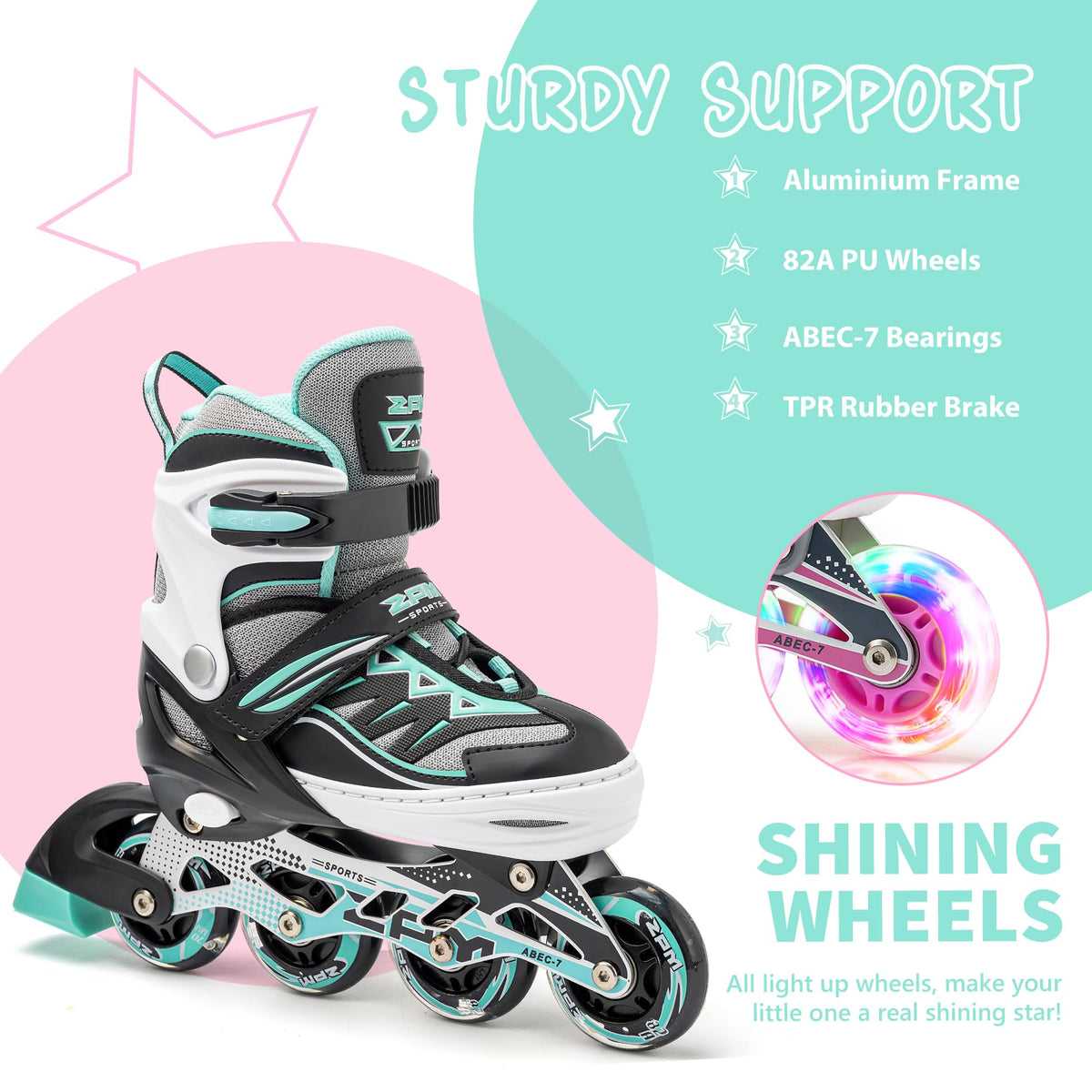 2pm Sports Adjustable Light up Inline Skates, Stylish Design Beginner Roller Skates for Boys and Girls - Mint Small