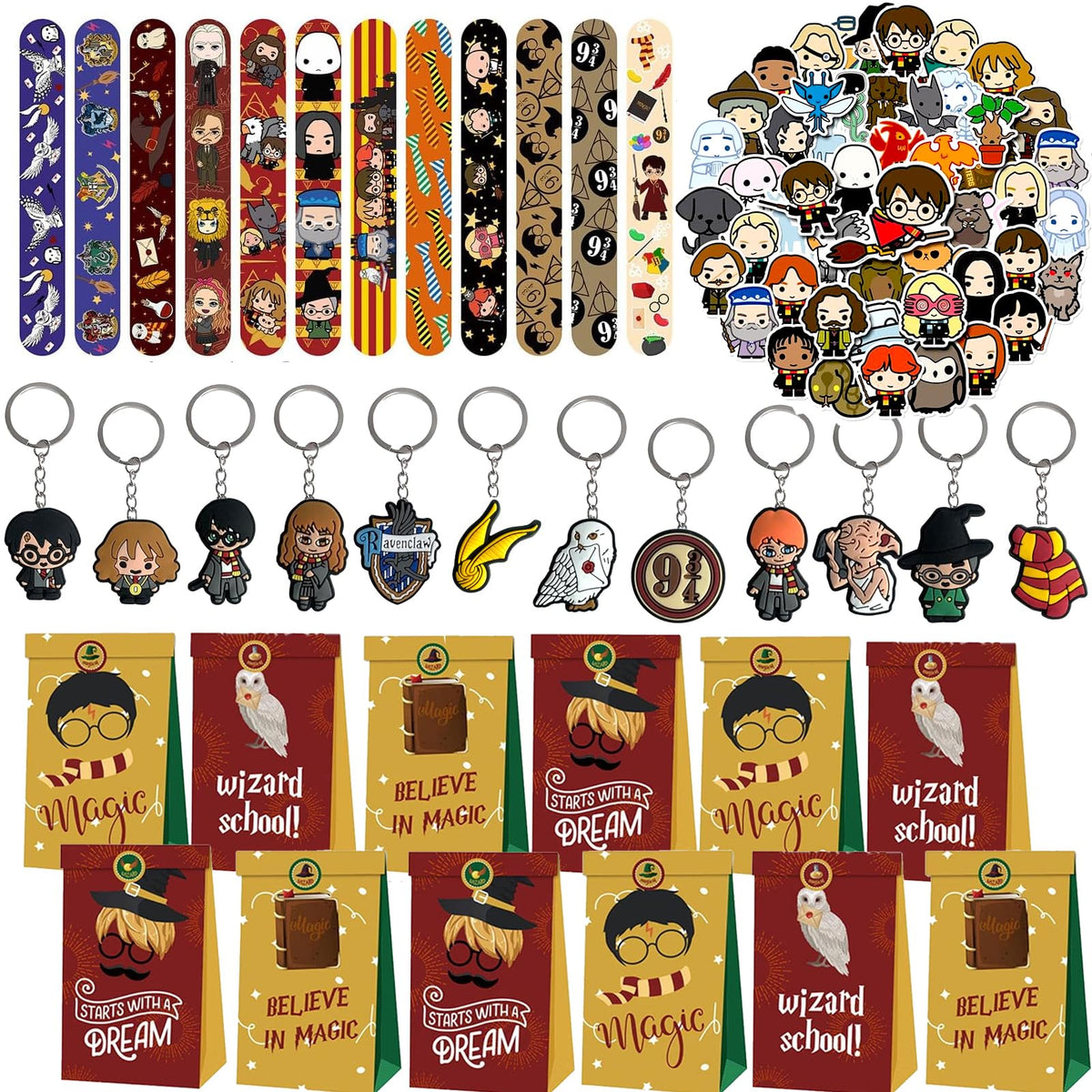 Yisound123 86 piece party bag filler set Wizard Party Bag Fillers, Magical Party Favours 12pcs Keychain 12 Party Bags 50 Stickers 12 Slapbands Party