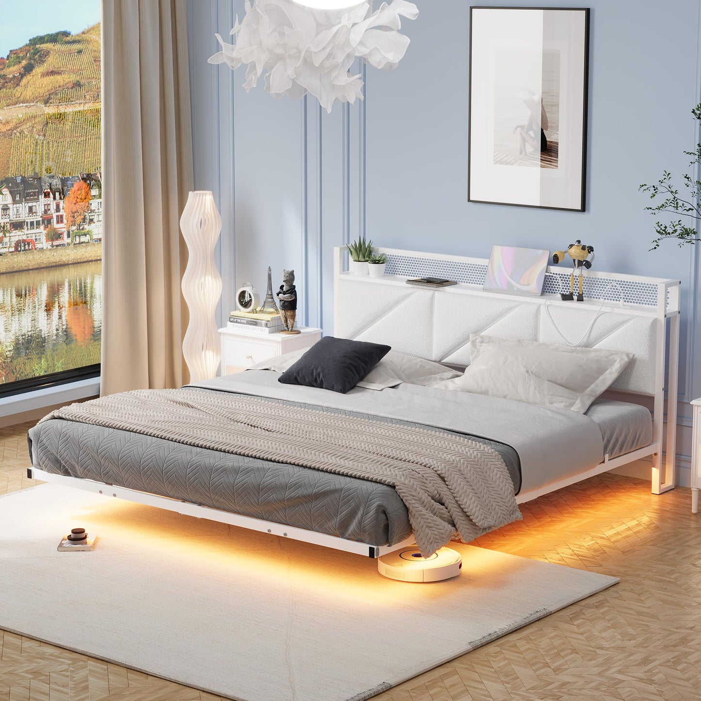 HAHRIR King Bed Frame with Floating Upholstered Storage Headboard, White
