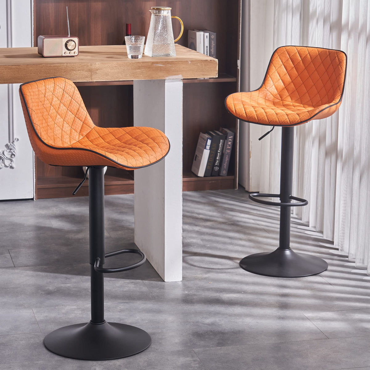 YOUTASTE Woven Bar stools Set of 2 Orange PU Leather Upholstered Barstools with High Back Modern Swivel Adjustable Tall Padded Bar Chairs for Kitchen