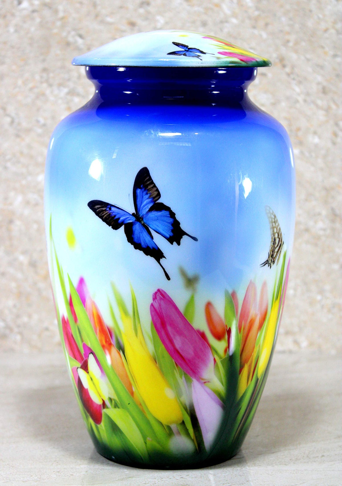 ESPLANADE Metal Cremation Urn Memorial Jar Pot Container | Full Size Urn for Funeral Ashes Burial | Butterfly with Flowers Print | Blue - 10" Inches