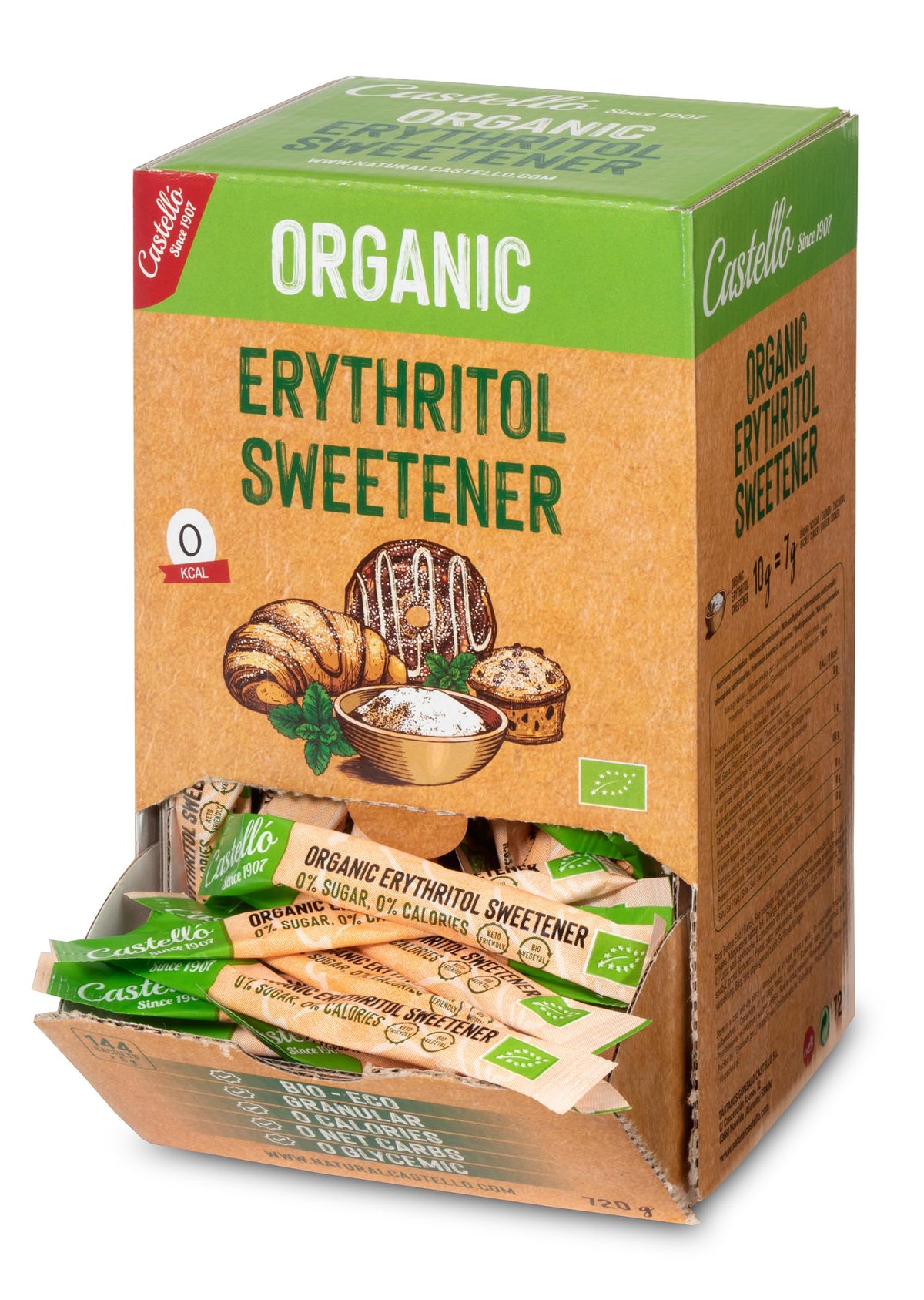 Castello since 1907 Erythritol Sweetener Organic Bio Eco | 144 sachets of 5g | Sugar Substitute - Keto and Paleo Friendly - 0 Glycemic - 0 Calories -