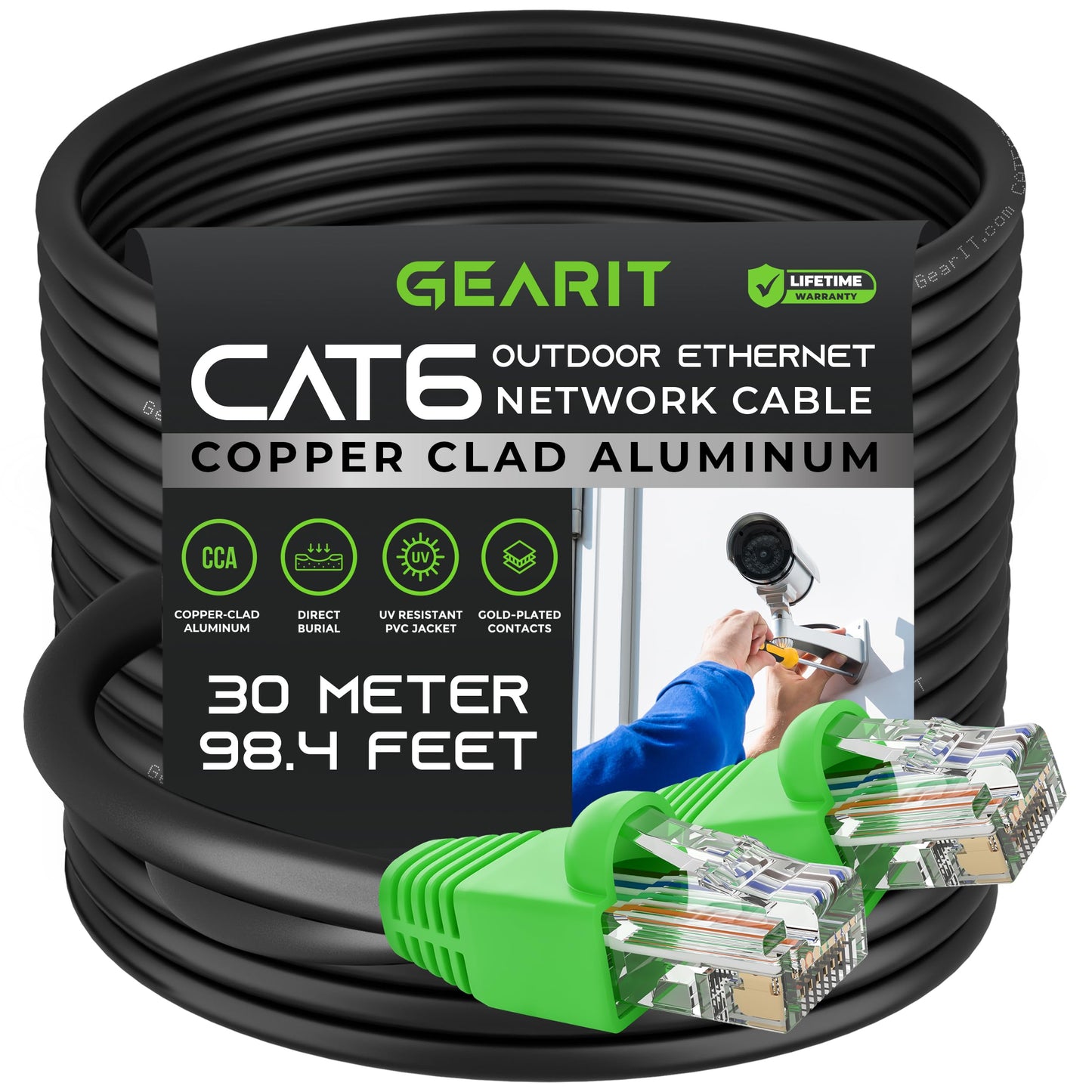 GEARit Cat6 Outdoor Ethernet Cable (30 Meters) CCA Copper Clad, Waterproof, Direct Burial, In-Ground, UV Jacket, POE, Network, Internet, Cat 6, Cat6